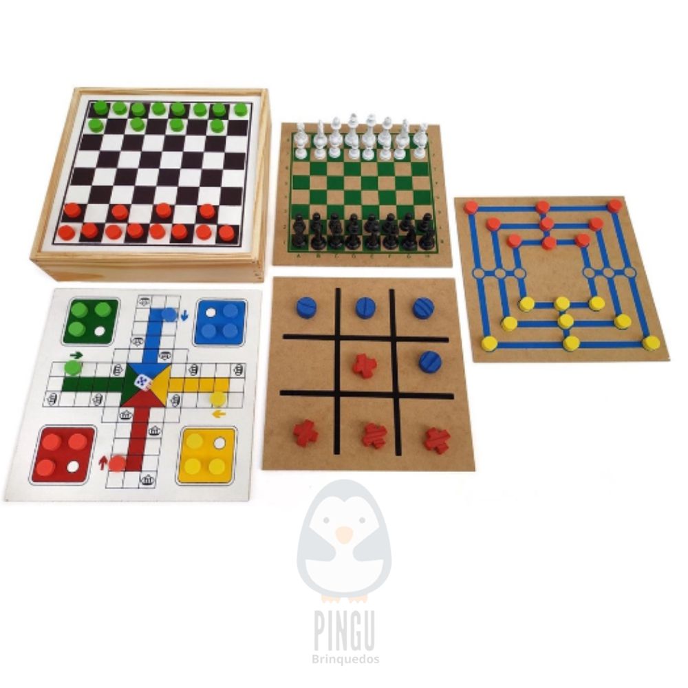 Jogo 5 Em 1 Tabuleiro Xadrez Dama Trilha Ludo Jogo Da Velha - Pingu  Brinquedos