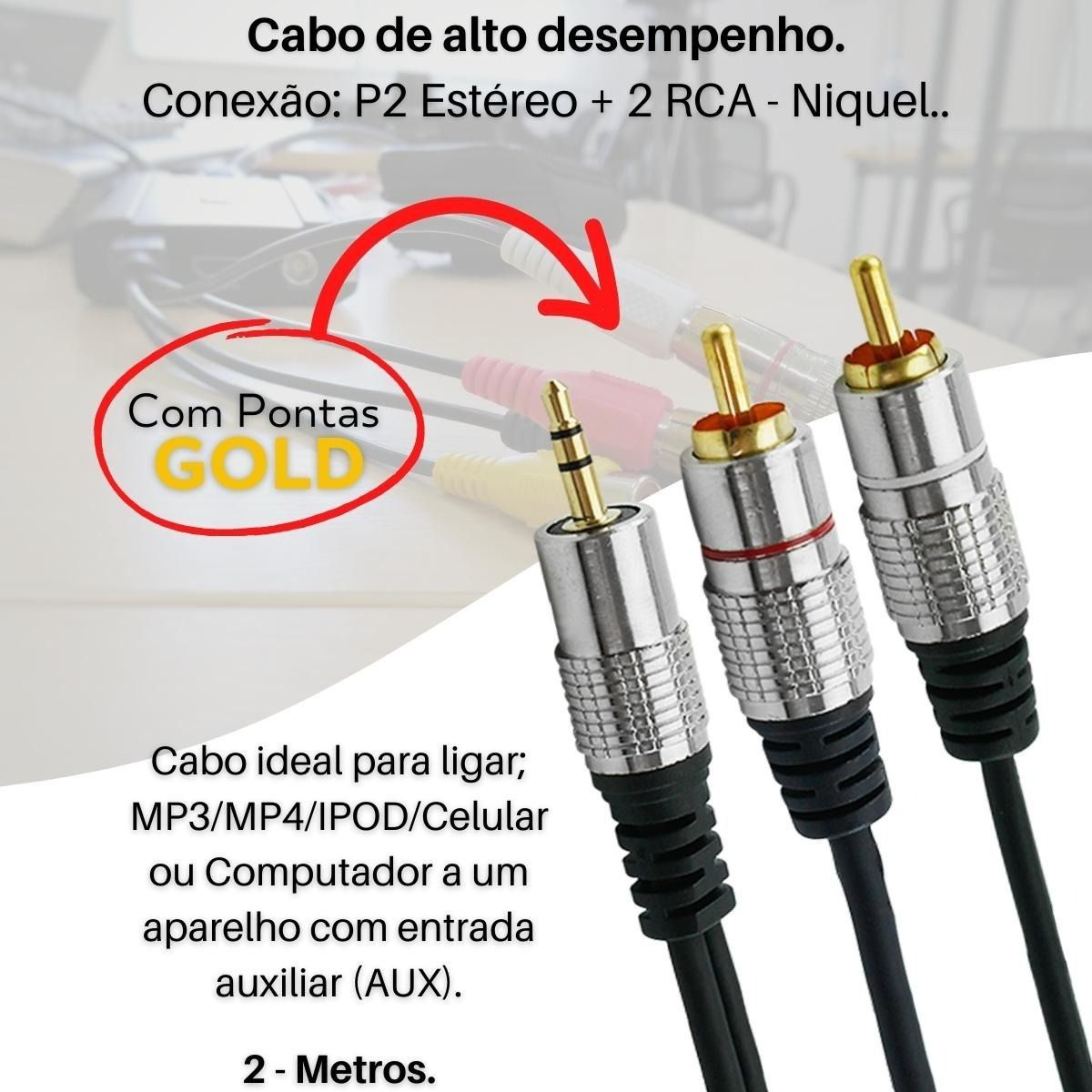 Cabo P2 Estereo 2 Rca Macho Fitz C1 2 Metros Smartcomp Seu Fornecedor Confiável Atendemos 