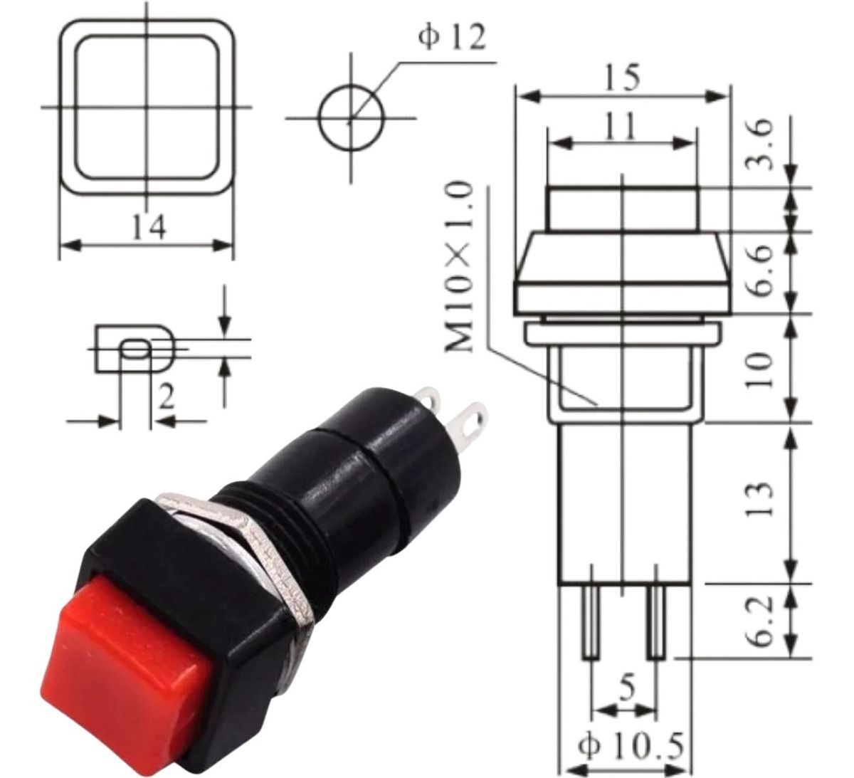 Chave Botão Push Button PBS-12B 250VAC 3A 2T Sem Trava Vermelha - Kit ...