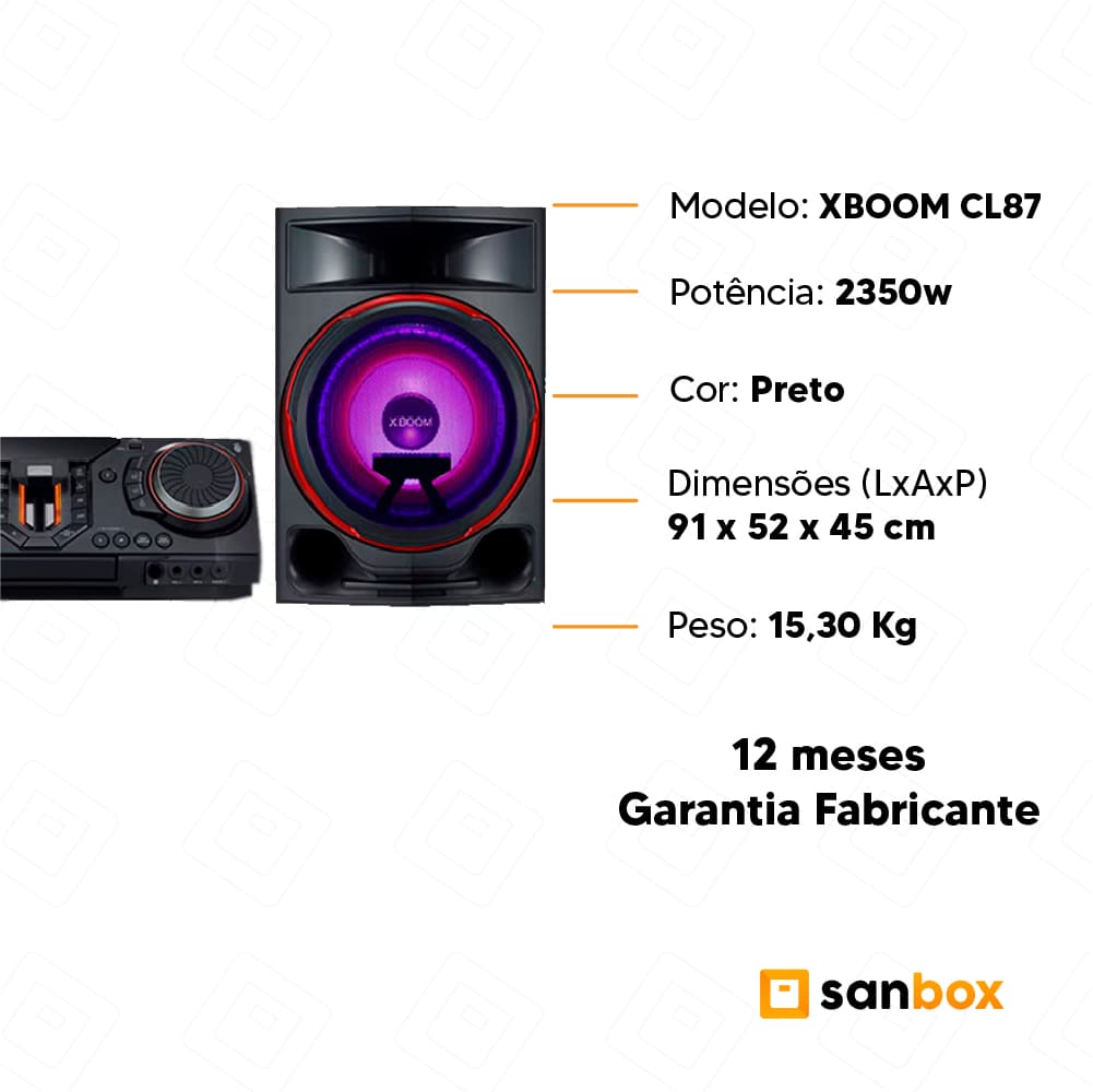 Mini System LG XBOOM CL87 Bluetooth 2350W-Som Potente e Karaokê - Sanbox
