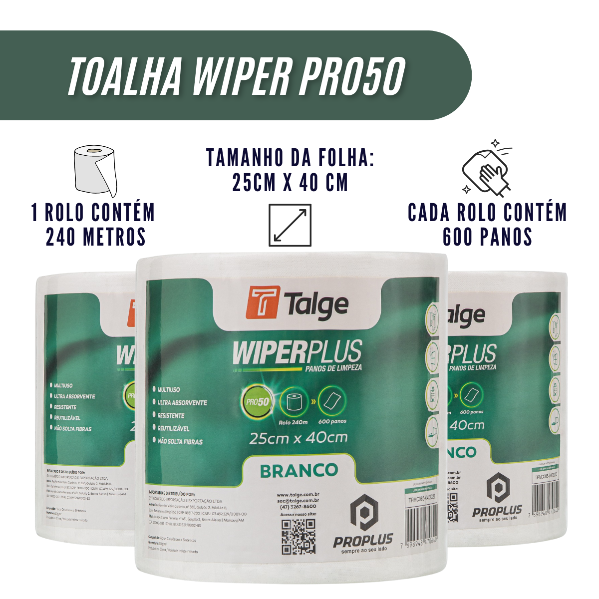 PRO50 WIPER PLUS BRANCO ROLO 25CMX240M - 600 PANOS - Prevetec