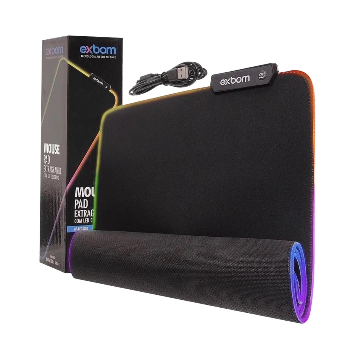 MOUSE PAD GAMER EXBOM MP-LED3080 PRETO COM BORDA DE LED/RGB C/ 13