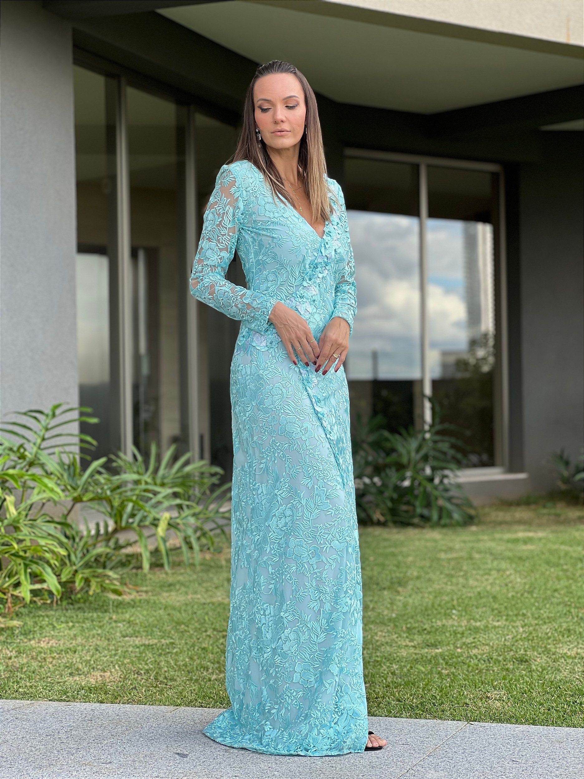 Vestido de renda verde tiffany 2025