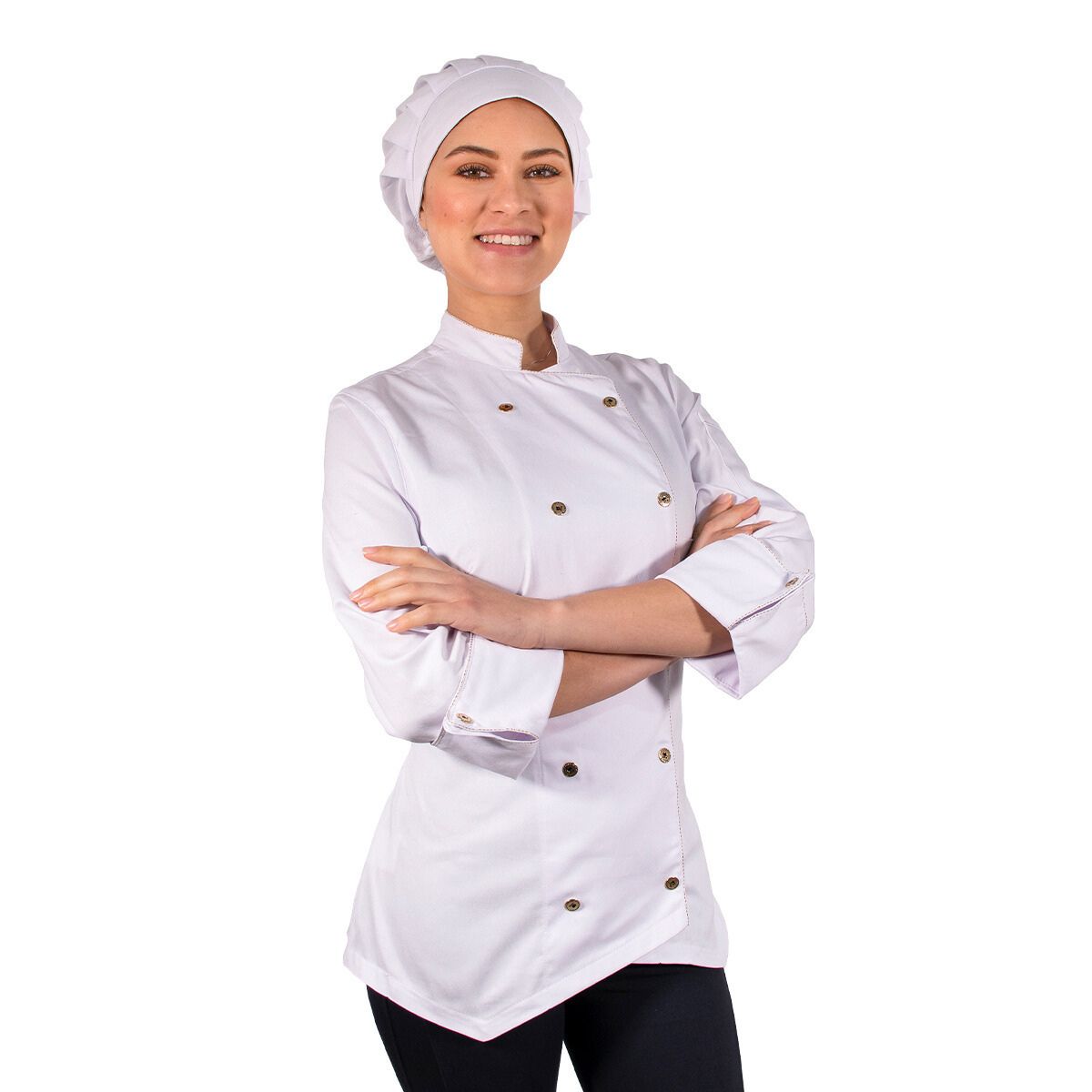 Dólmã Chef de Cozinha Feminino Branco Com Detalhes Dourado 100% Algodã ...