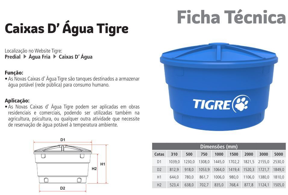 Caixa Dagua Tigre 1000l Polietileno - REDEMAC SUPERBEM