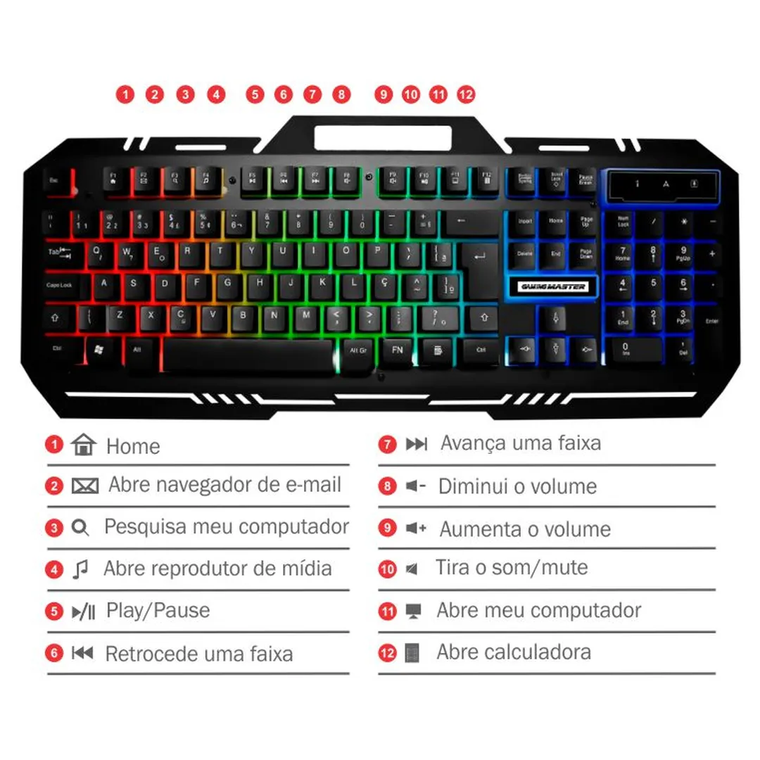Teclado Gamer K-mex KM-M712 ABNT2 LED Base Metal 107 Teclas