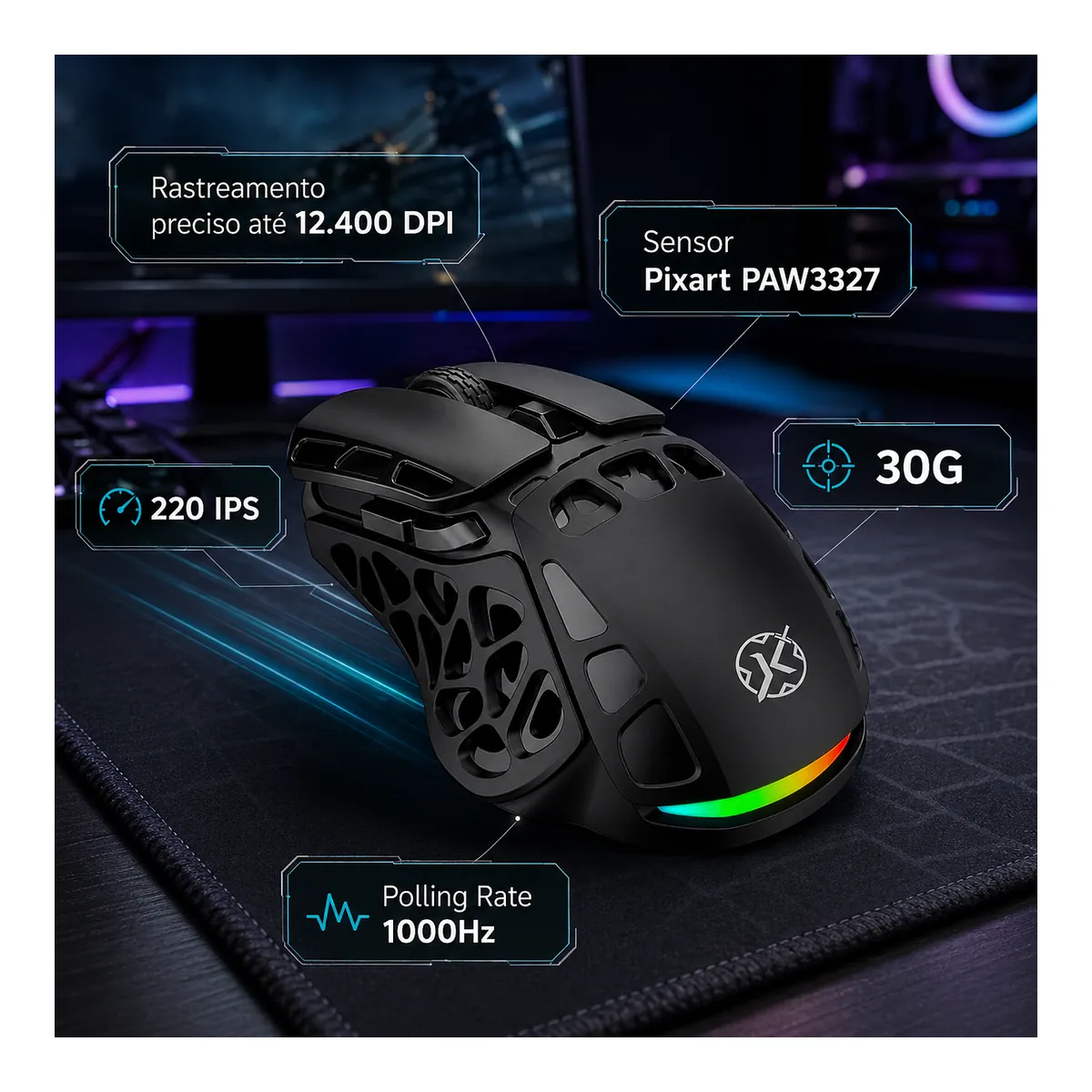 Detalhe do sensor Pixart PAW3327 e câmara de rastreamento do mouse