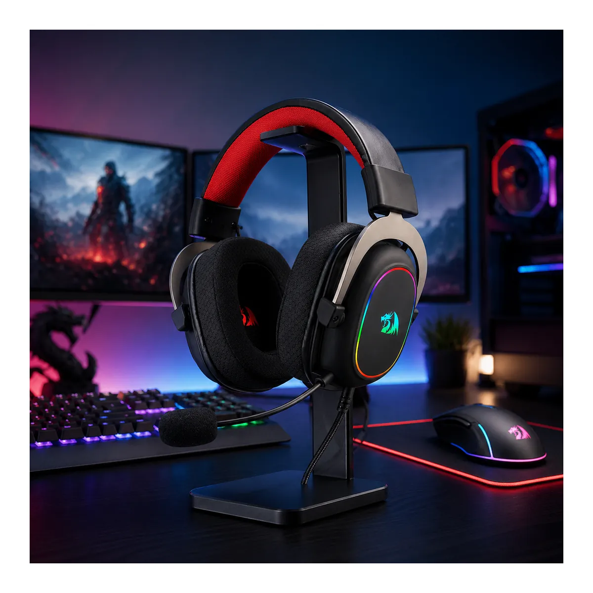 Detalhe do driver dinâmico de 53mm e iluminação RGB interna do headset H510-RGB