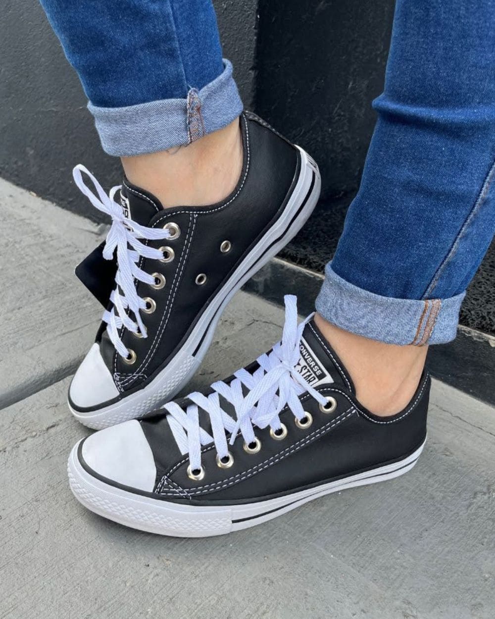 Converse All Star Baixo Preto Couro