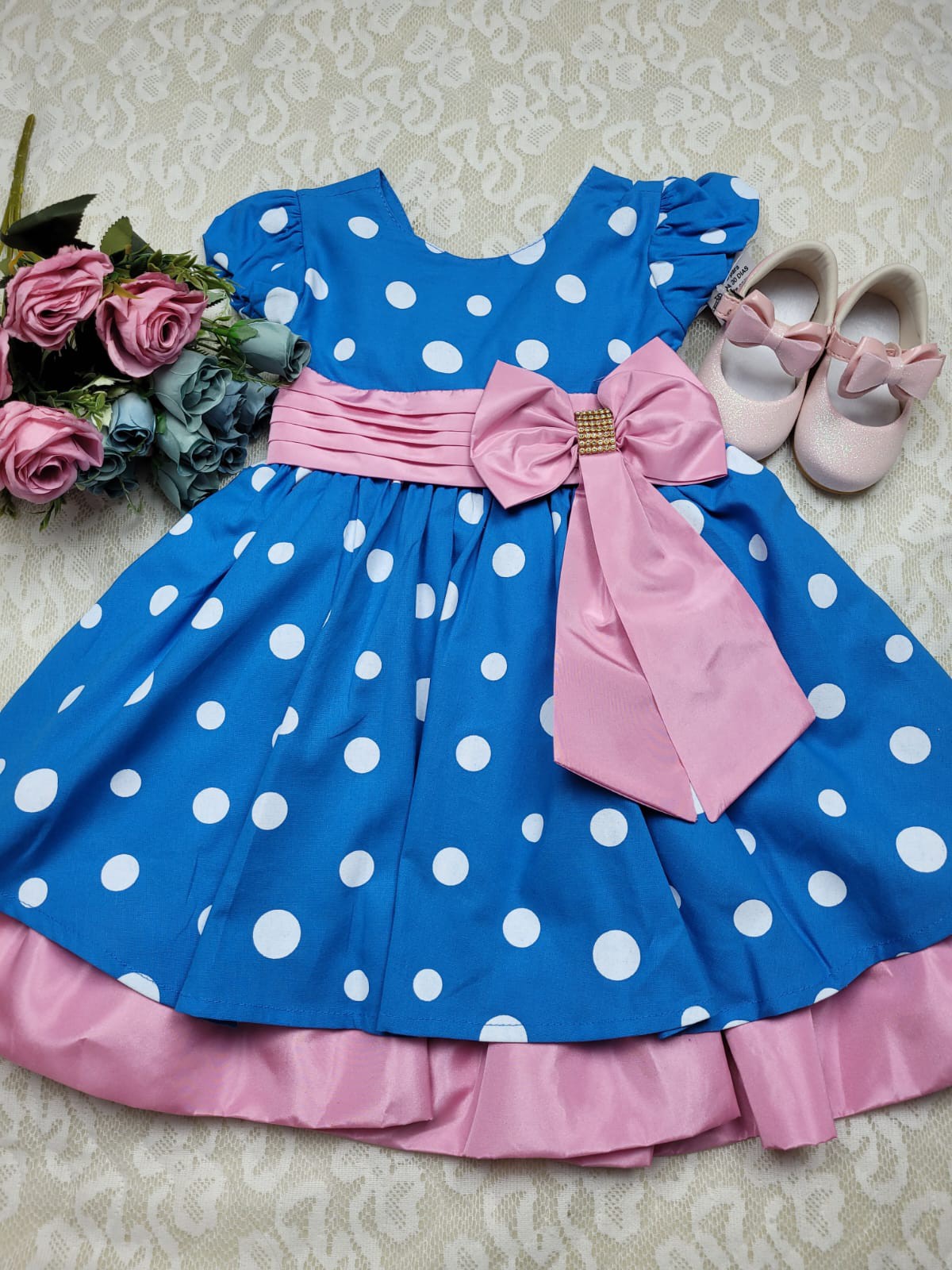 Vestido Infantil Azul com bolinhas Branca - Pekeninos Kids Store