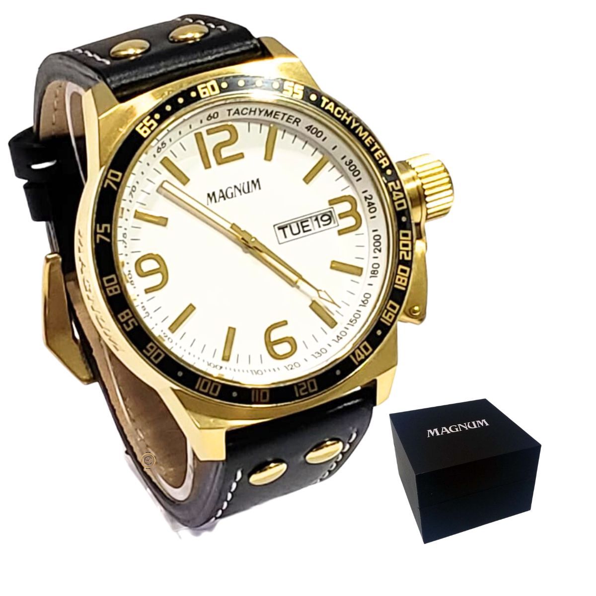 Relogio masculino magnum dourado military ma31524u em couro