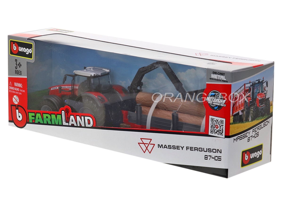 Bburago Massey Ferguson 8740S – Tracteur Miniature 10 Cm Avec 3 Remorques, Roues Caoutchouc, Alliage Zinc – Collection Ou Jeu