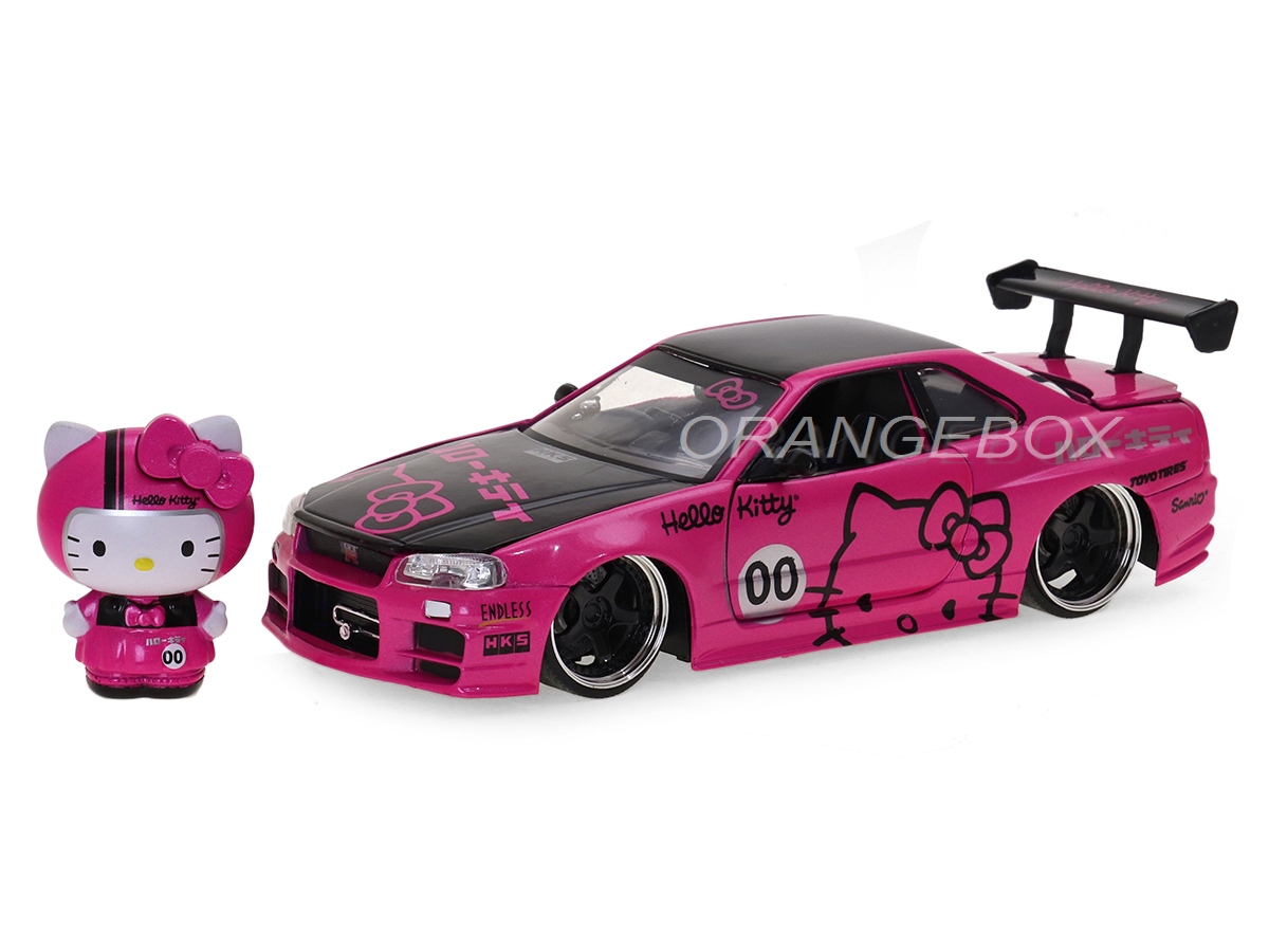 Nissan Skyline GT-R (BNR34) 2002 + Figura Hello Kitty (em metal) Jada Toys  1:24 - 17 anos! Loja on-line de miniaturas colecionáveis!