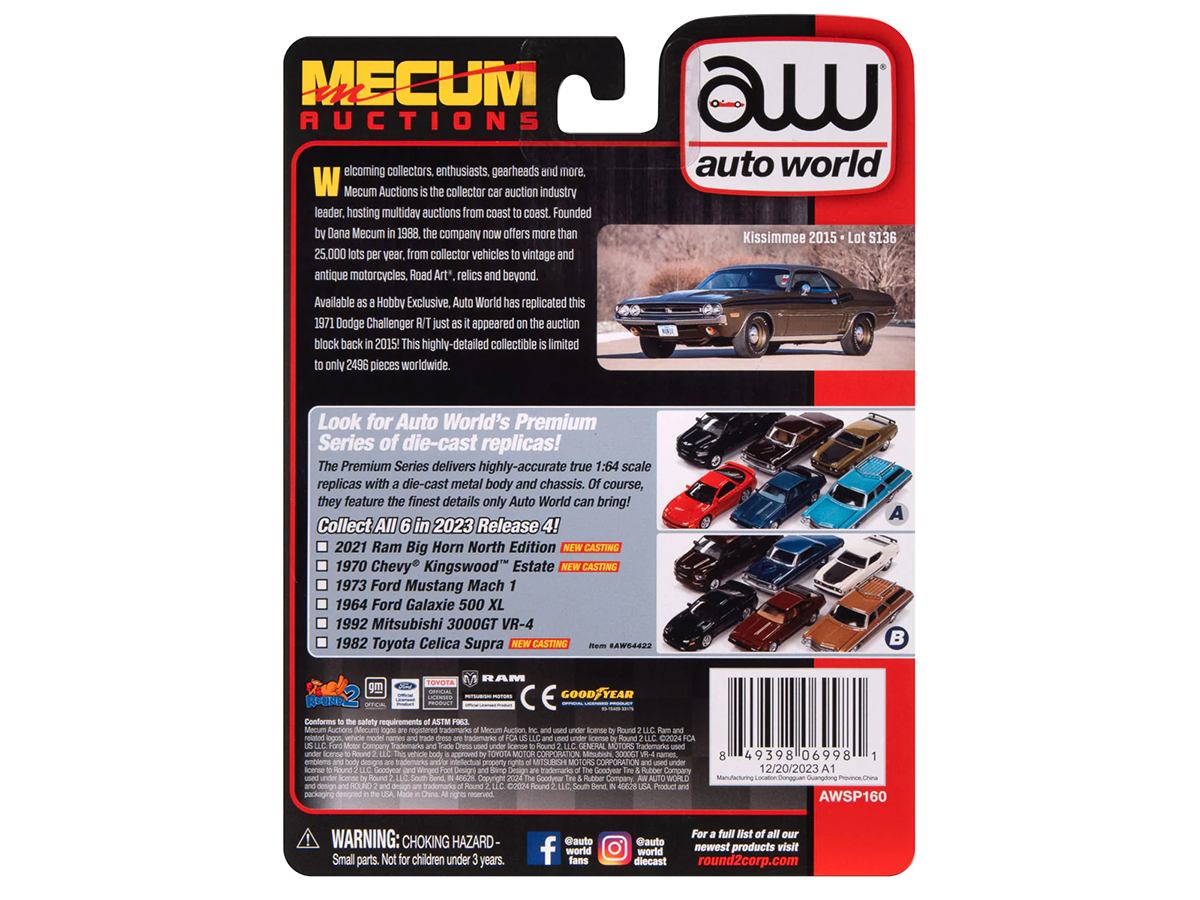 Dodge Challenger R/T 1971 Mecum 1:64 Autoworld Premium - 20 anos