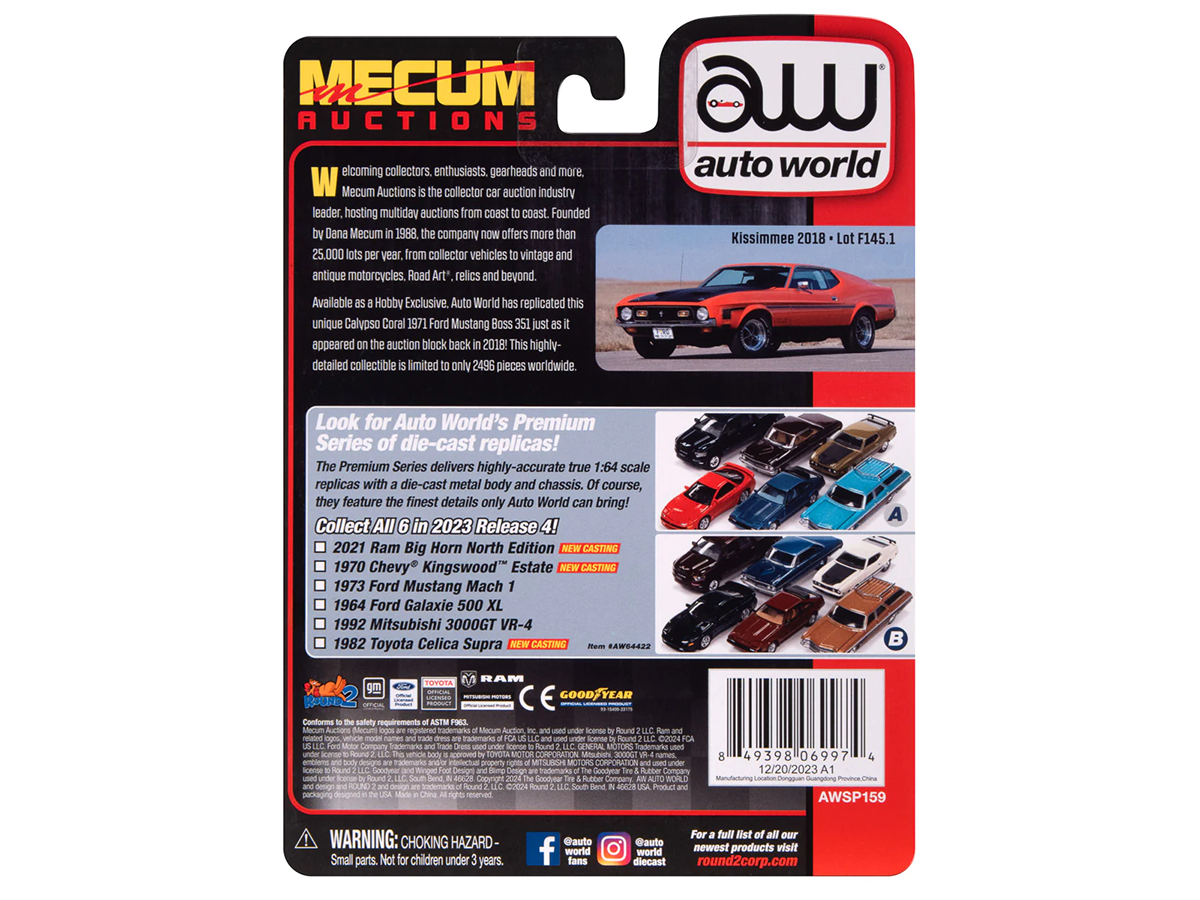 Ford Mustang Boss 351 1971 Mecum 1:64 Autoworld Premium - 20 anos