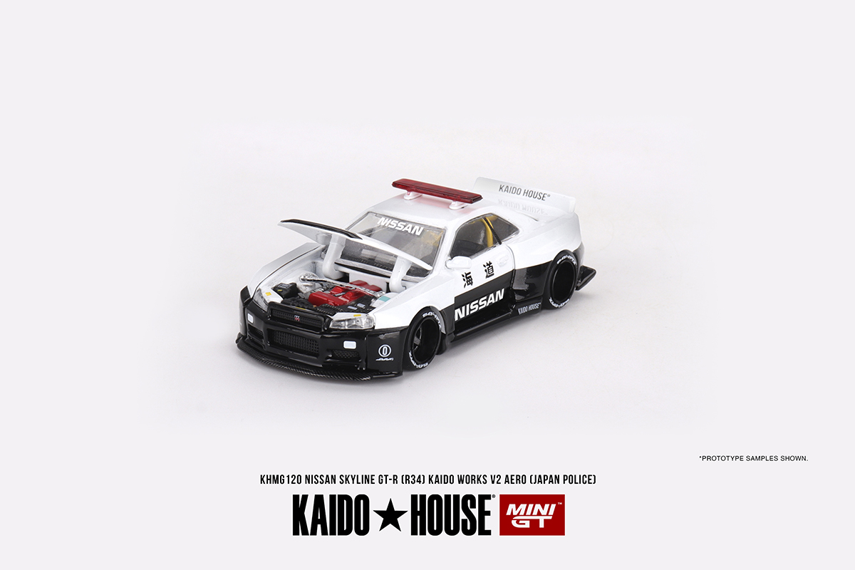 Nissan Skyline GT-R R34 Kaido Works (V2 Aero) Police 1:64 Mini GT
