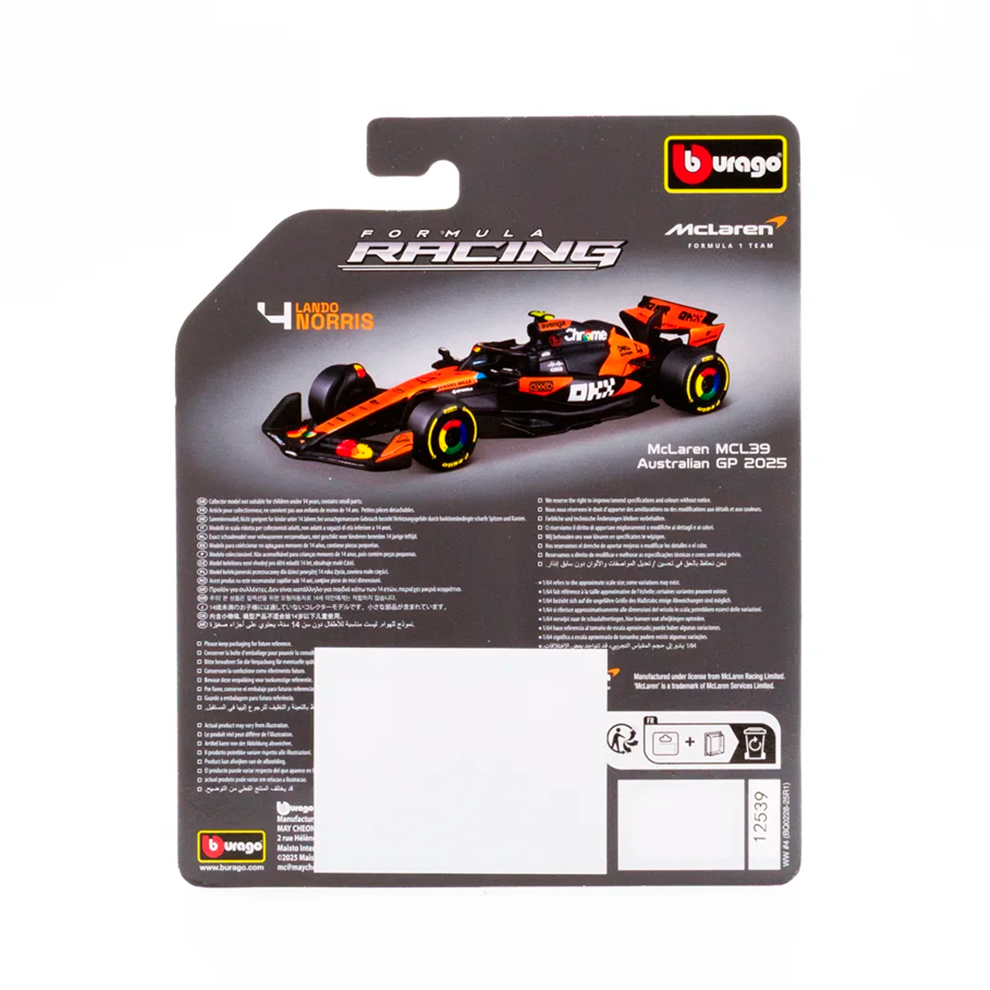 Fórmula 1 McLaren MCL39 Lando Norris 2025 1:64 Bburago - 20 anos
