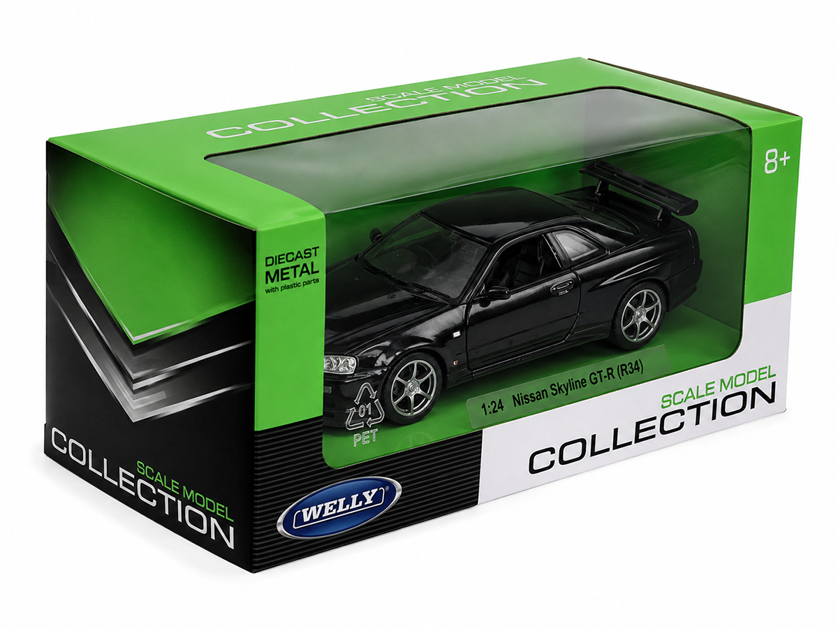 Nissan Skyline GT-R (R34) 1:24 Welly Preto - 20 anos! Loja on-line