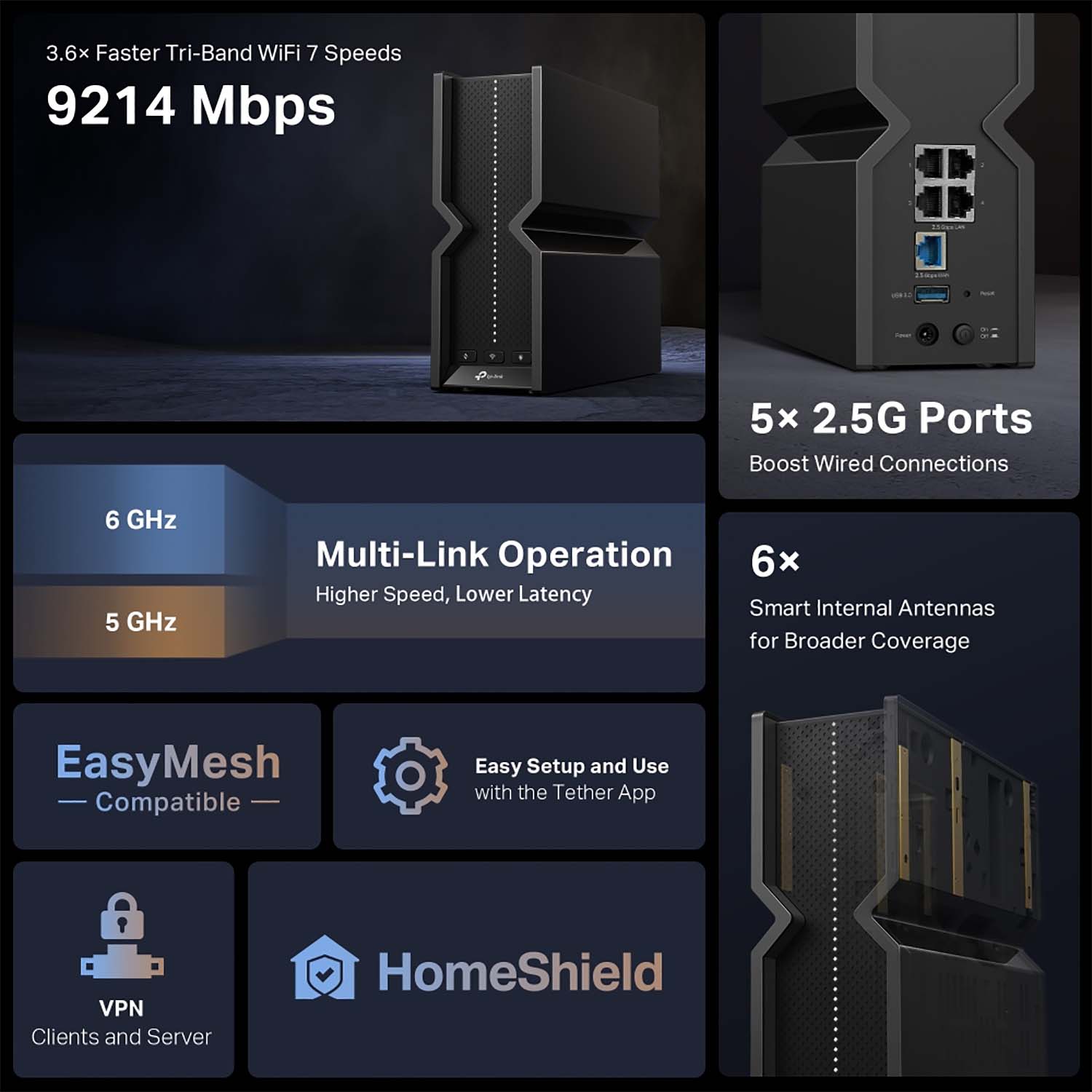 Roteador Wi-Fi 7 Tri-Band BE9300 Portas de 2.5G EasyMesh - Archer