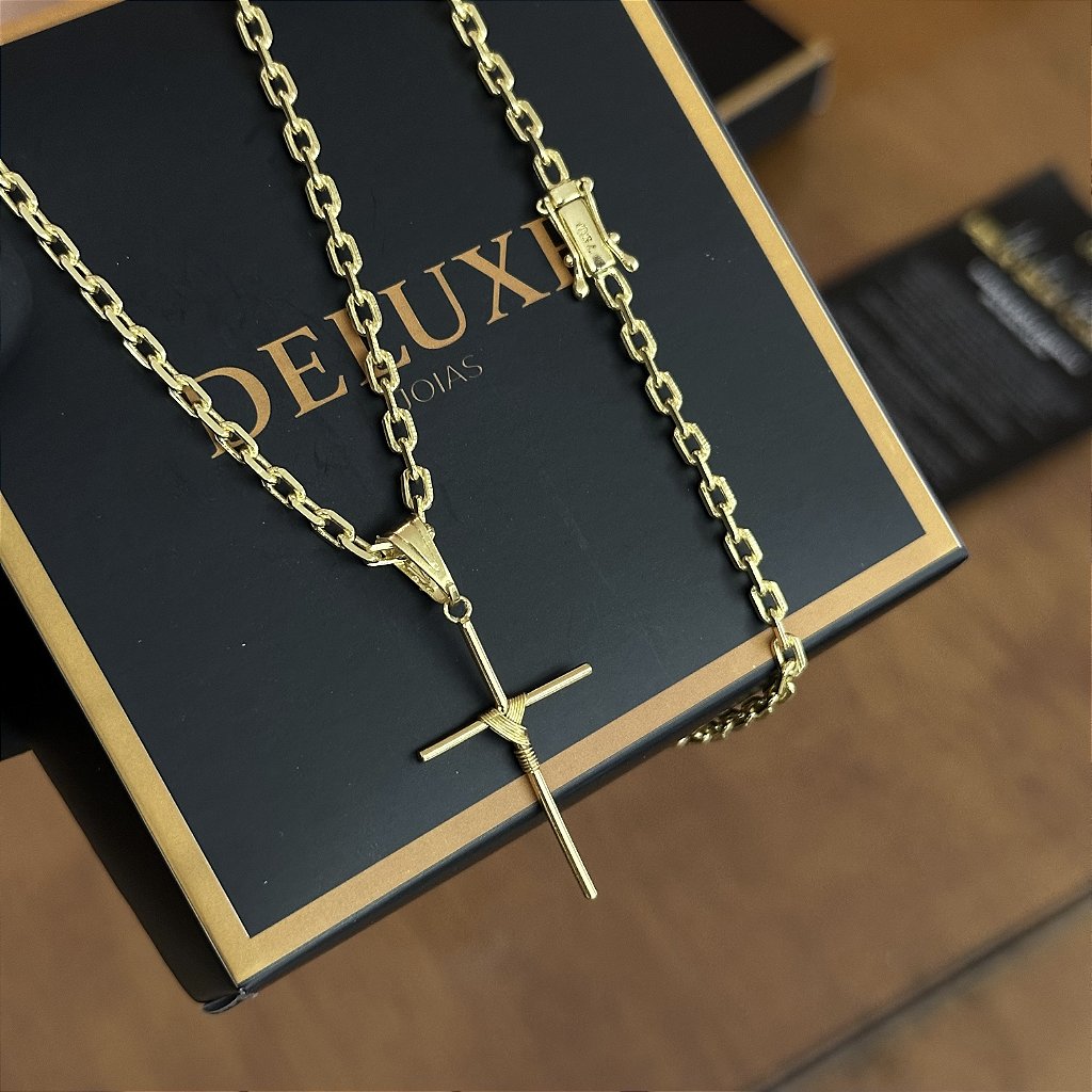 Corrente Cadeado 3mm 70cm Pingente Cruz Amarrada Banho De Ouro