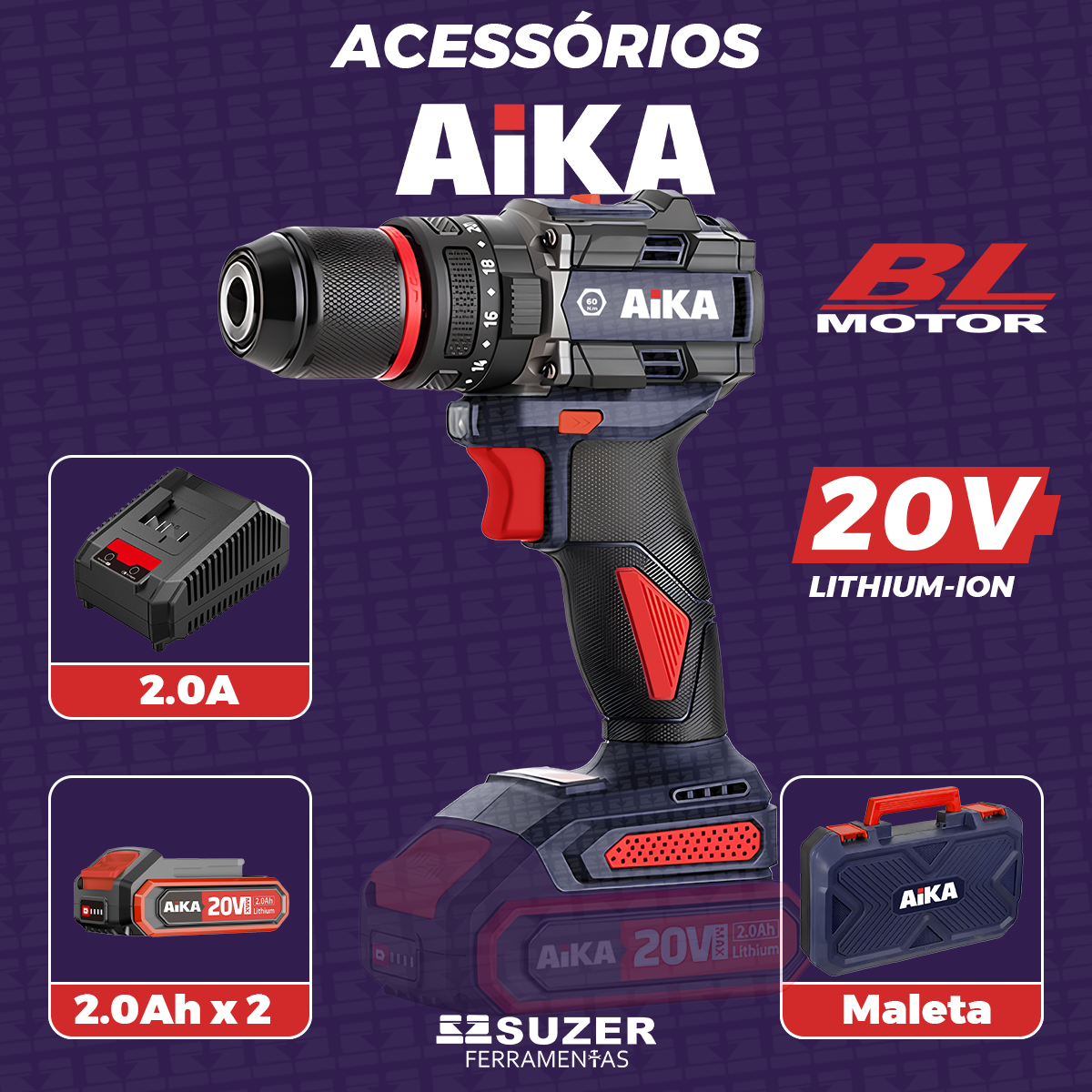 Parafusadeira Furadeira 1/2 Pol. 20v C/ Bateria E Carregador - suzer