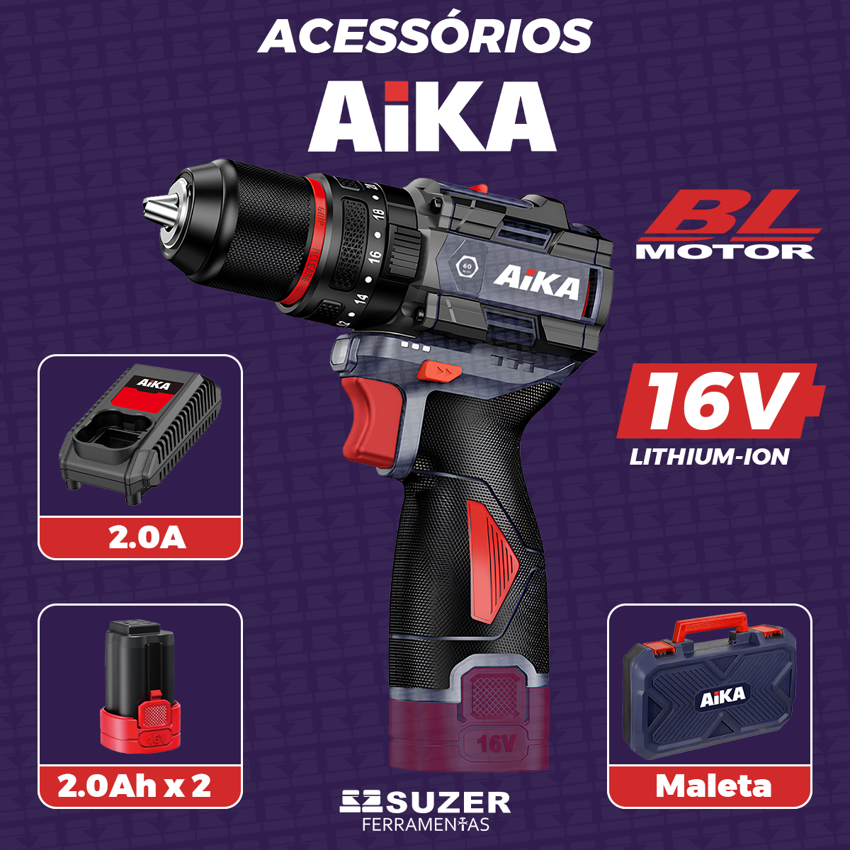 Parafusadeira E Furadeira 3/8 10mm 16v Aika 2 Baterias 2.0ah - suzer