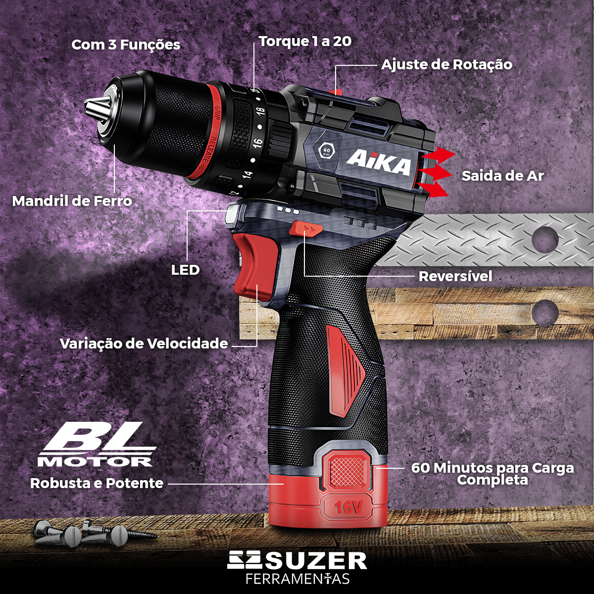 Parafusadeira E Furadeira 3/8 10mm 16v Aika 2 Baterias 2.0ah - suzer