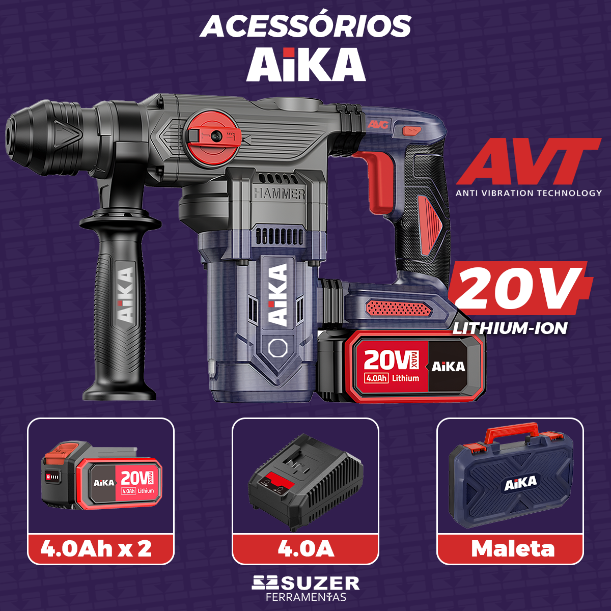 Martelo Rompedor Rotativo Sds Plus 4.0ah 20v Aika 2 Baterias - suzer