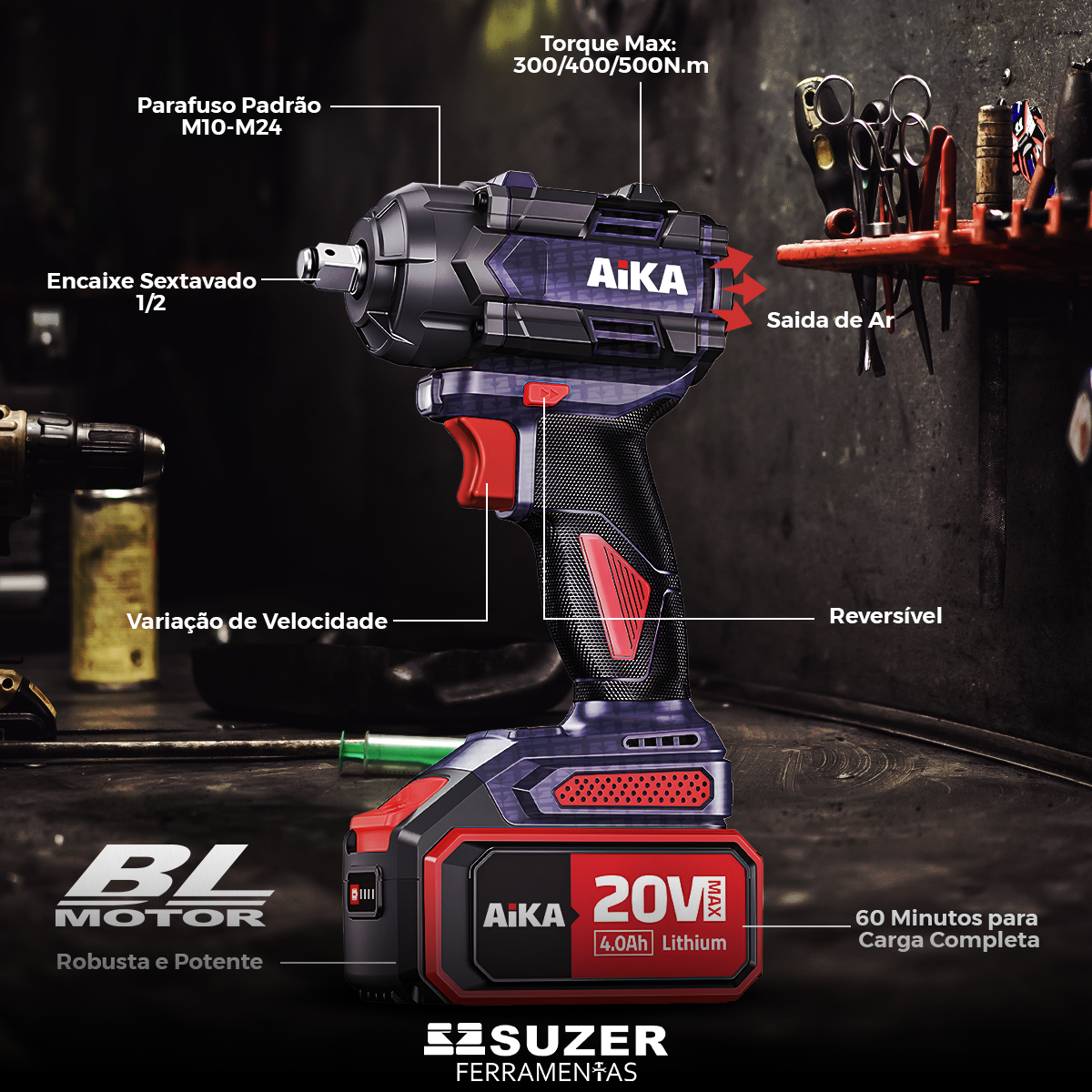 Chave De Impacto Profissional Lithium Kits Bateria E Mandril - suzer