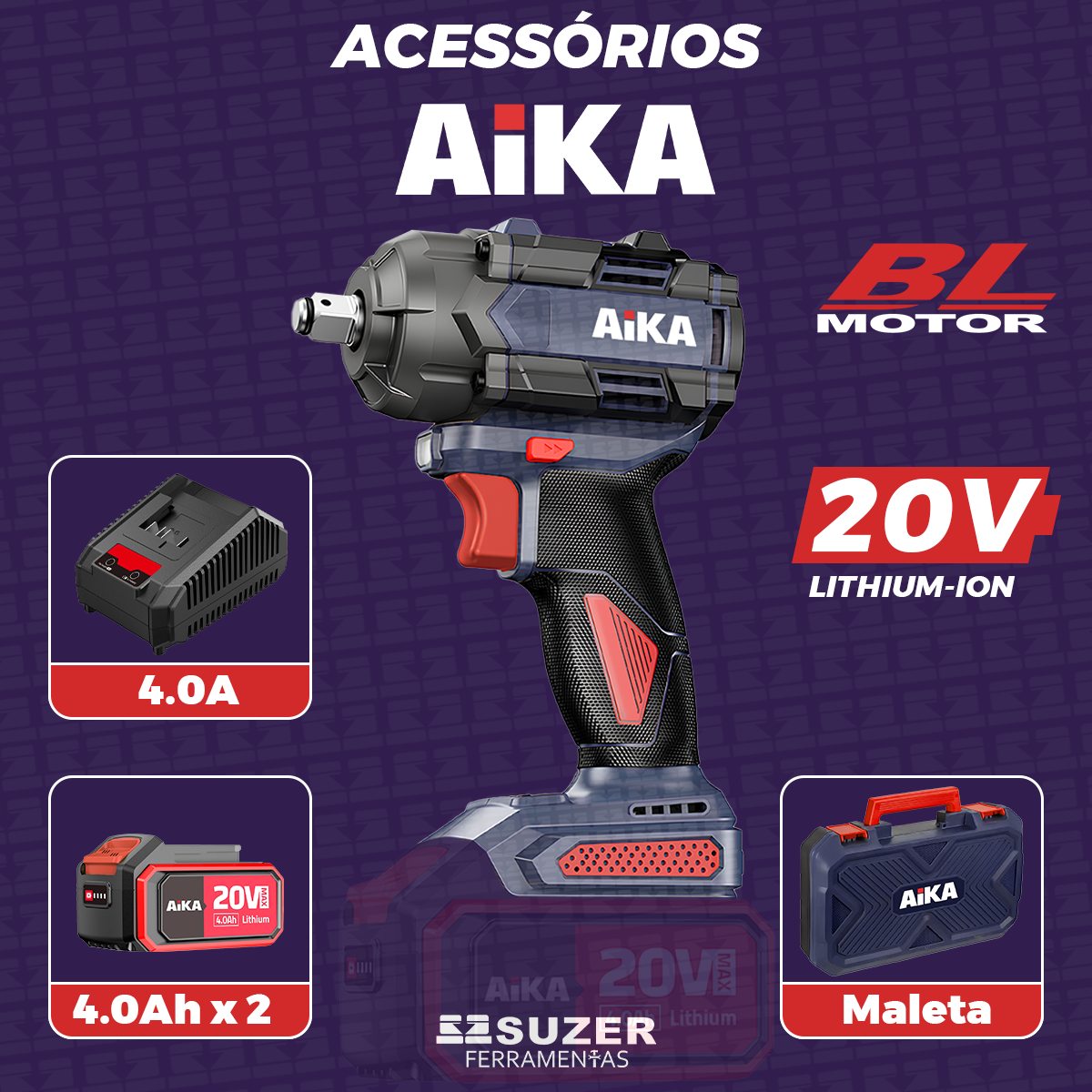 Chave De Impacto Profissional Lithium Kits Bateria E Mandril - suzer