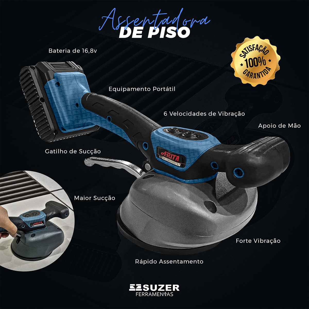 Máquina De Assentar Piso 16,8V Com 2 Baterias 6 Velocidades - suzer