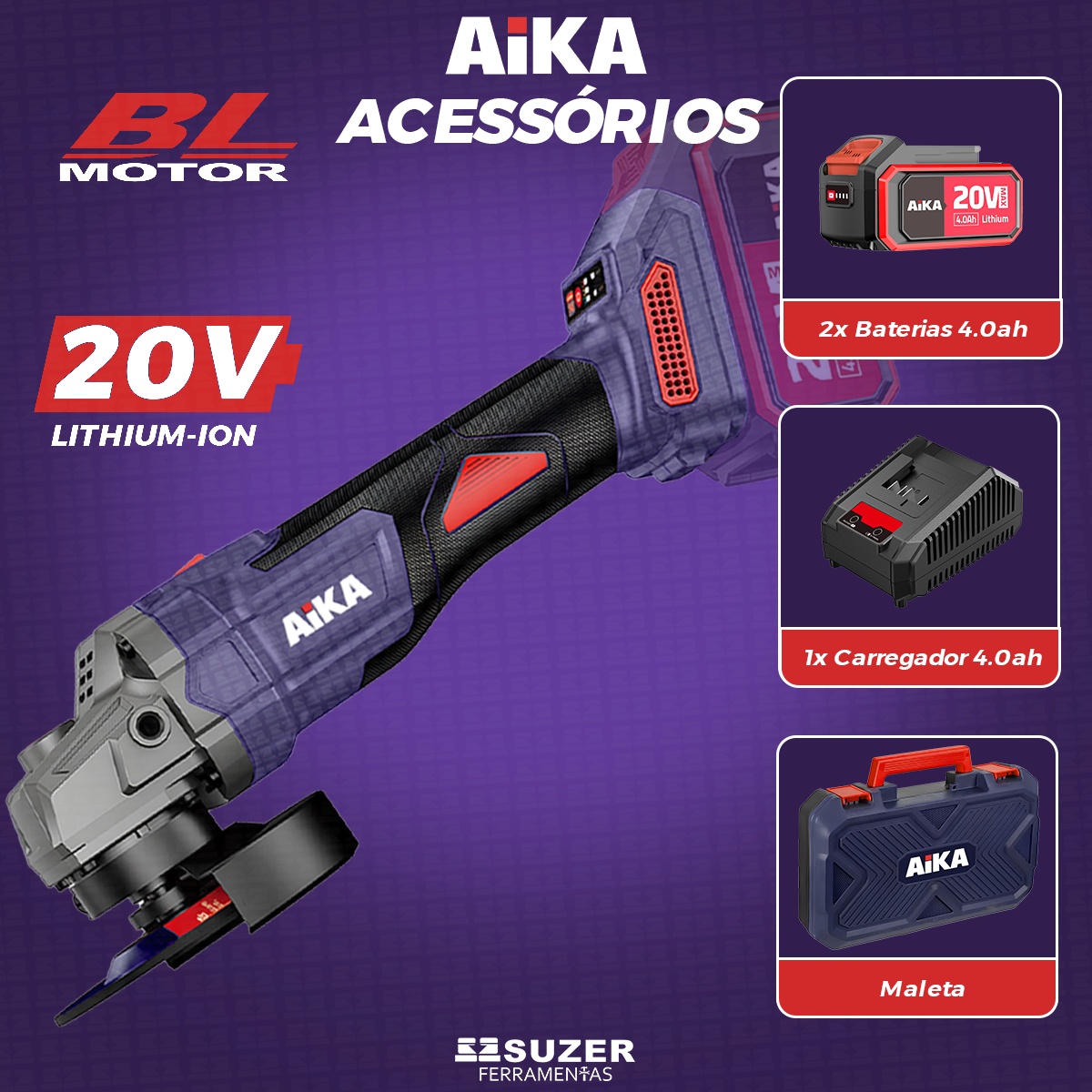 Esmerilhadeira Profissional Roxa 20v Com 2 Baterias 4.0ah - suzer