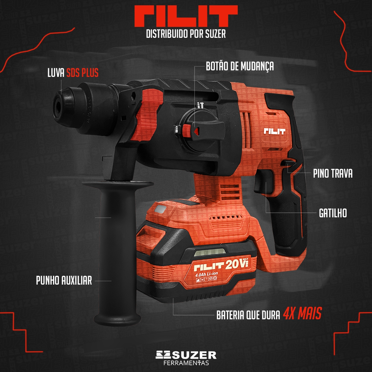 Martelete Rotativo Vermelho 20v Sem Fio Sds Plus 2 Baterias - suzer