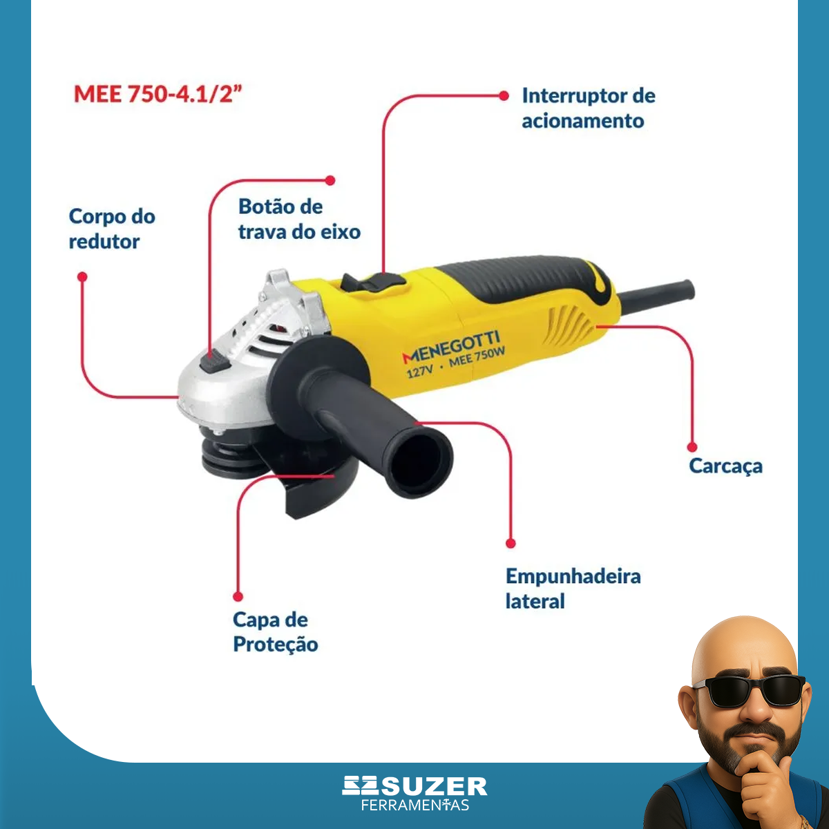 Esmerilhadeira Elétrica Menegotti 750w 4 1/2 Amarela 220v - suzer