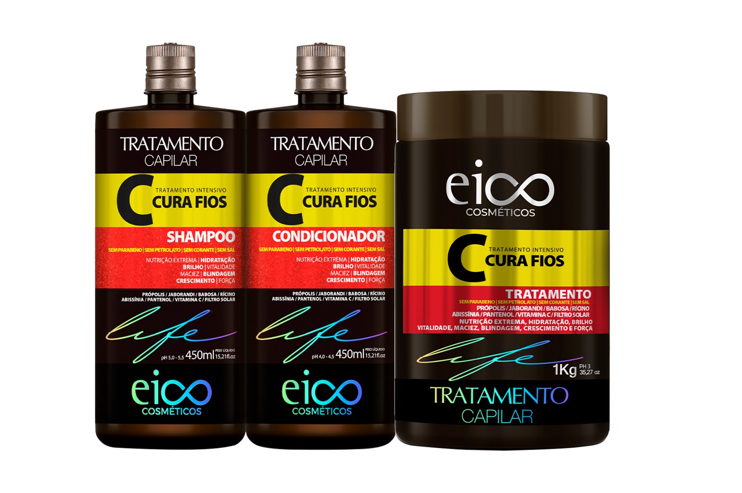 Eico Kit Shampoo 450ml e Condicionador 450ml Cura Fios + Máscara 1Kg -  Grupo Beleza