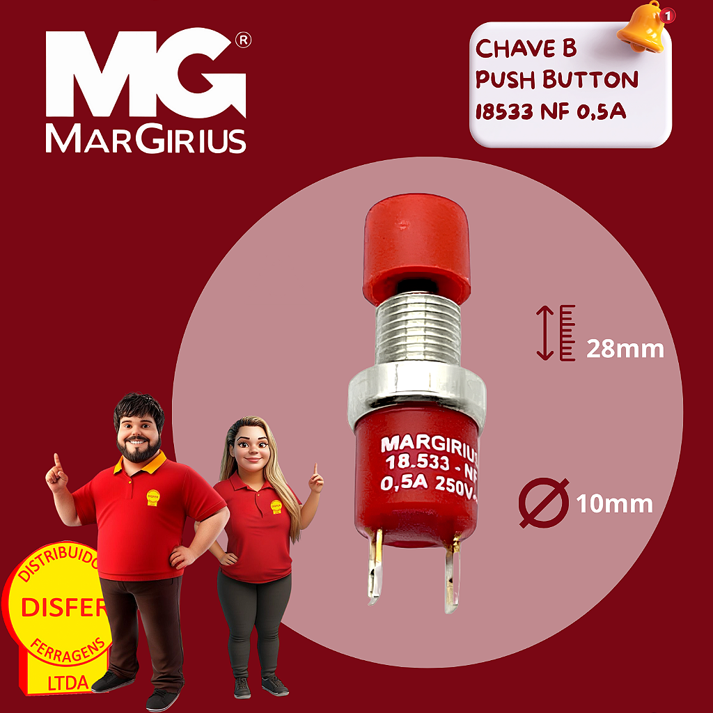 Chave Interruptor Pushbutton 18533 Unipolar NF - Vermelho - - Disfer
