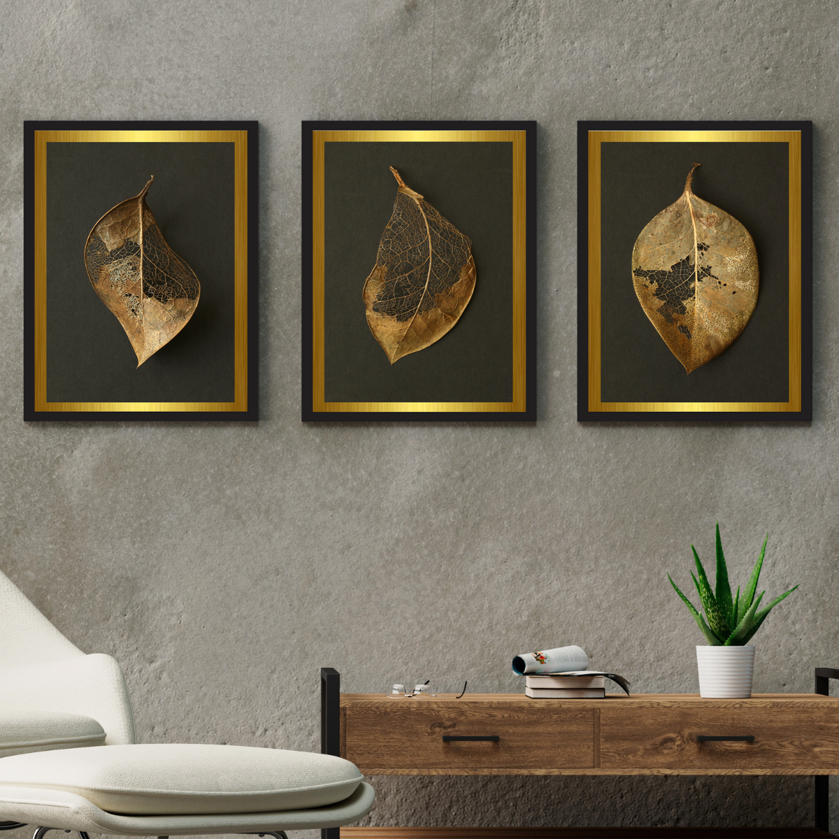 Trio de Quadros Decorativos Folhas Secas em Fundo Preto e Paspatur Dourado  - Essencial Quadros