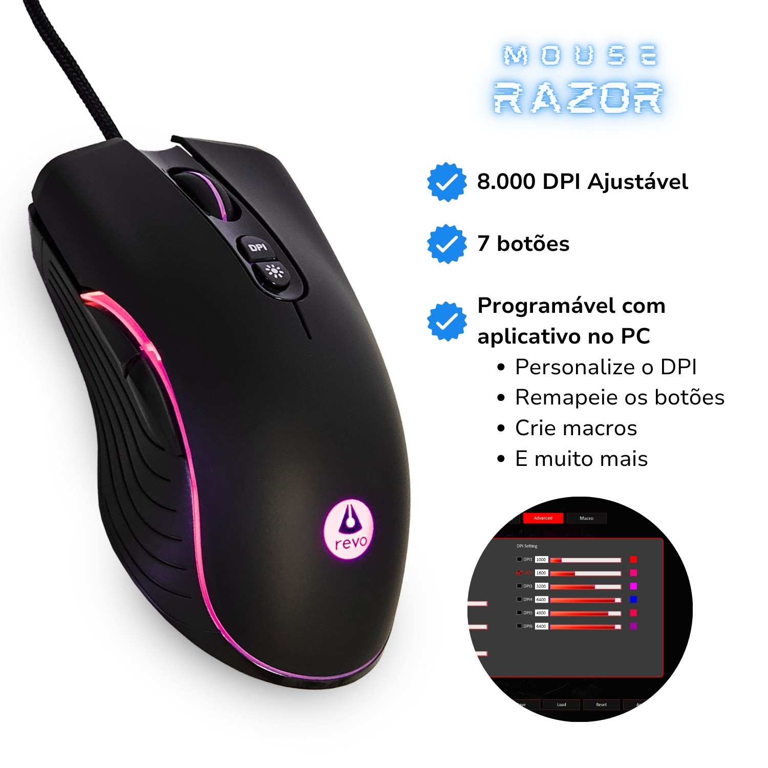 Mouse Gamer Razor 8.000 DPI Programável com 7 Botões RGB - Revo - Revo ...