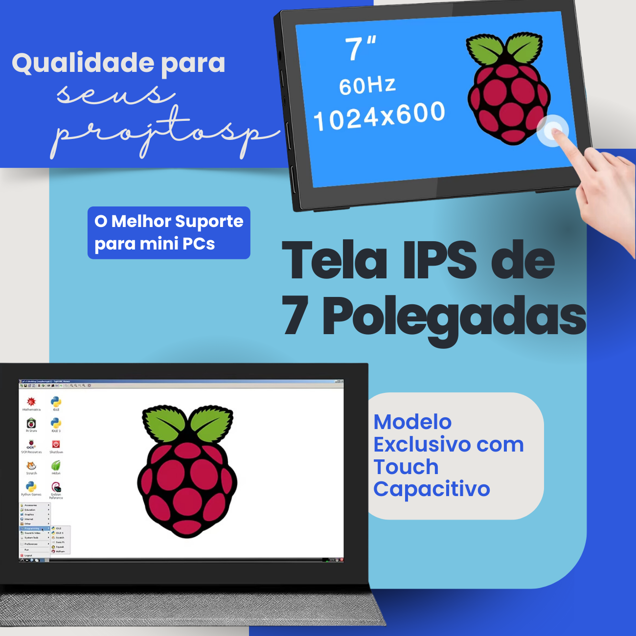 Lcd 7 Display Tela Raspberry Pi 1024 600 Touch Capacitivo - Blutu ...