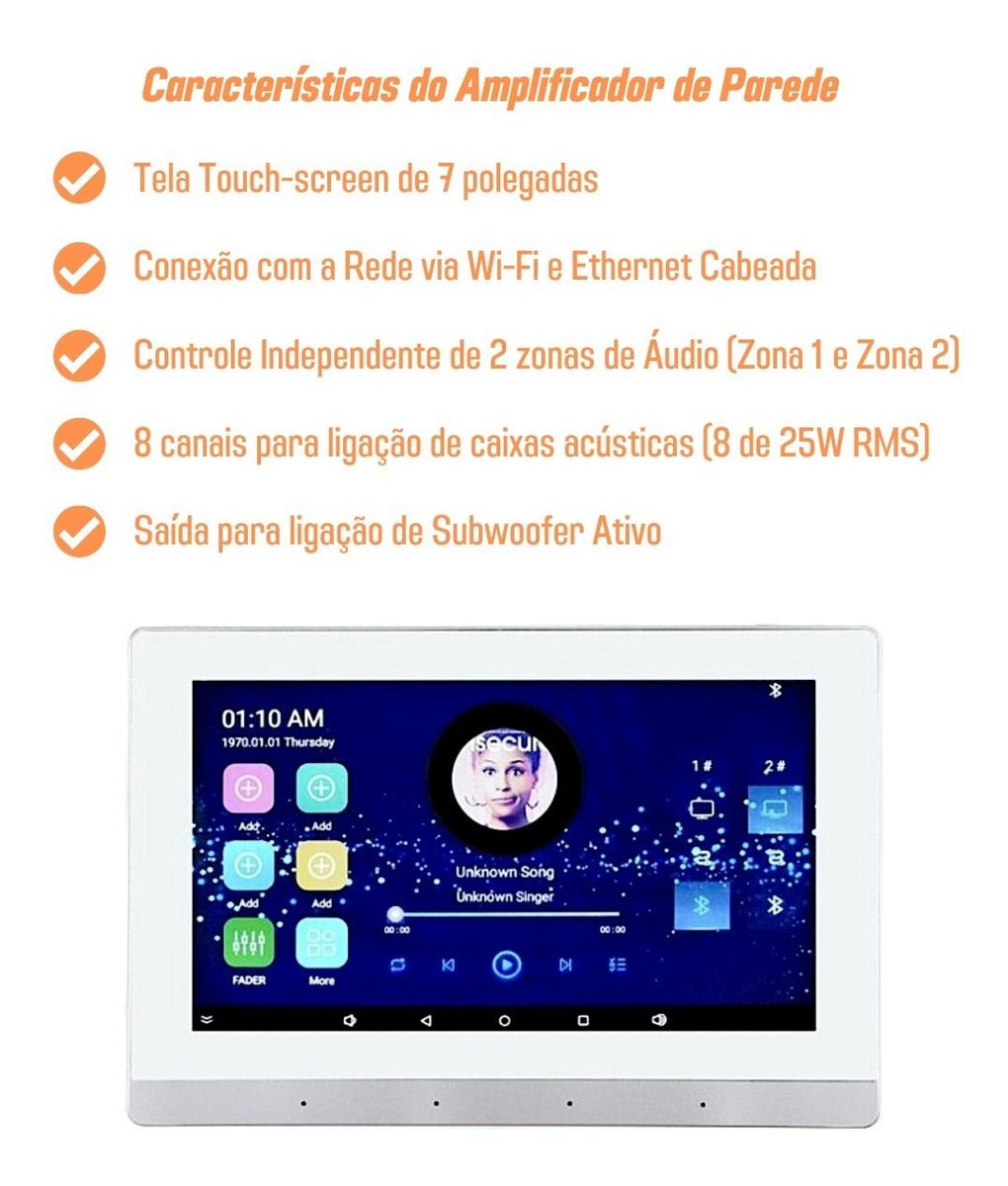 Amplificador de Parede 2 Zonas c Tela Touch 7 Android WiFi Bluetooth ELETROHALEN Loja Especializada em Audio