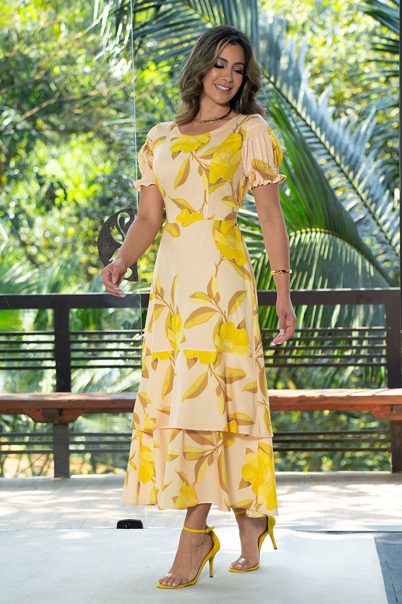 Vestido Longo em Crepe de Seda Estampado Floral