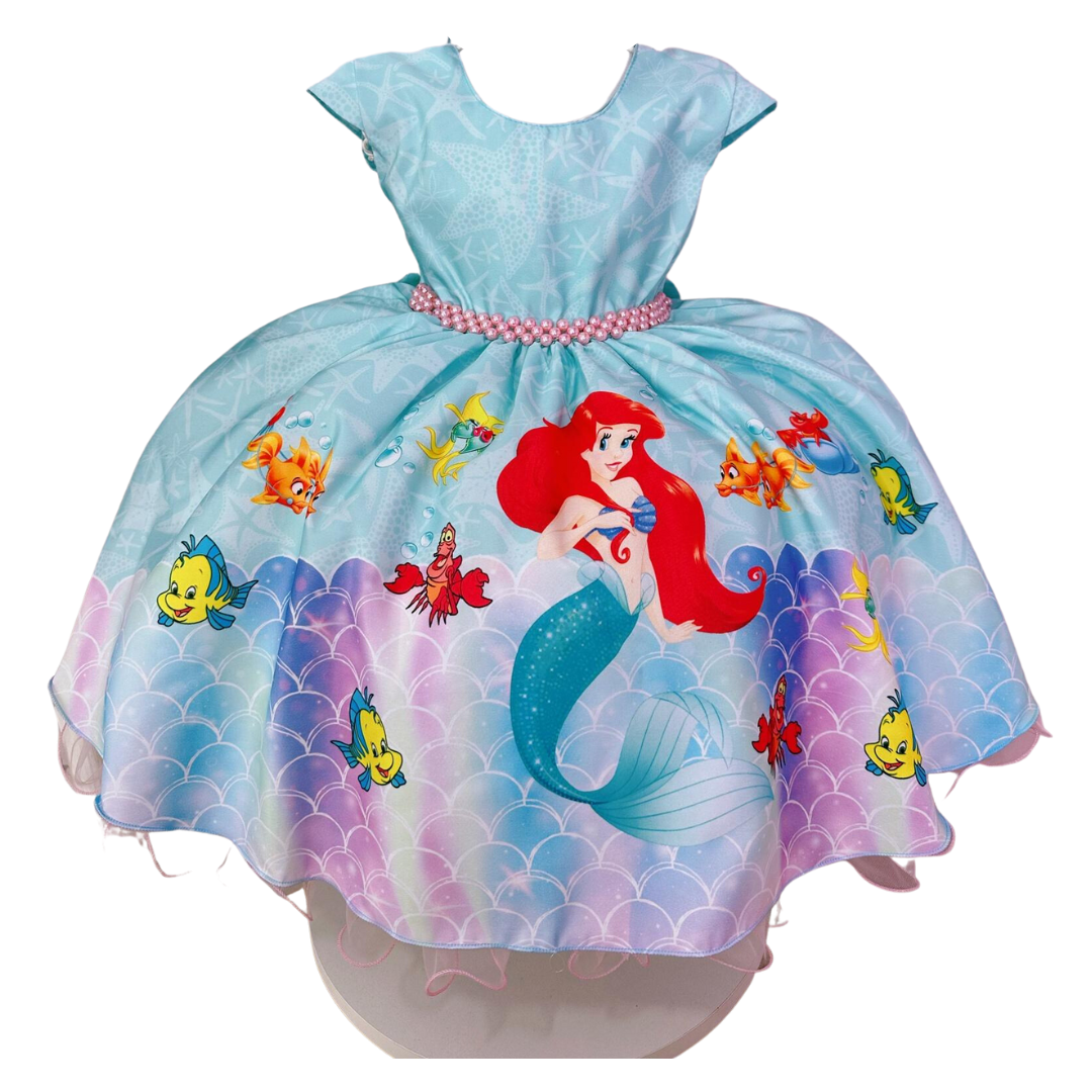 Vestido Infantil Princesa Ariel Lilás E Tule Verde Pérolas