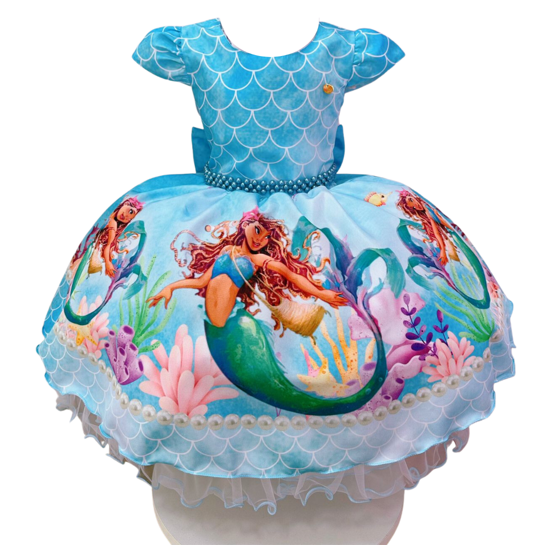 Vestido Infantil Princesa Sereia Ariel e Amigos C/ Pérolas Sku: 1186RR  Categoria: BAILA NINA 4 ao