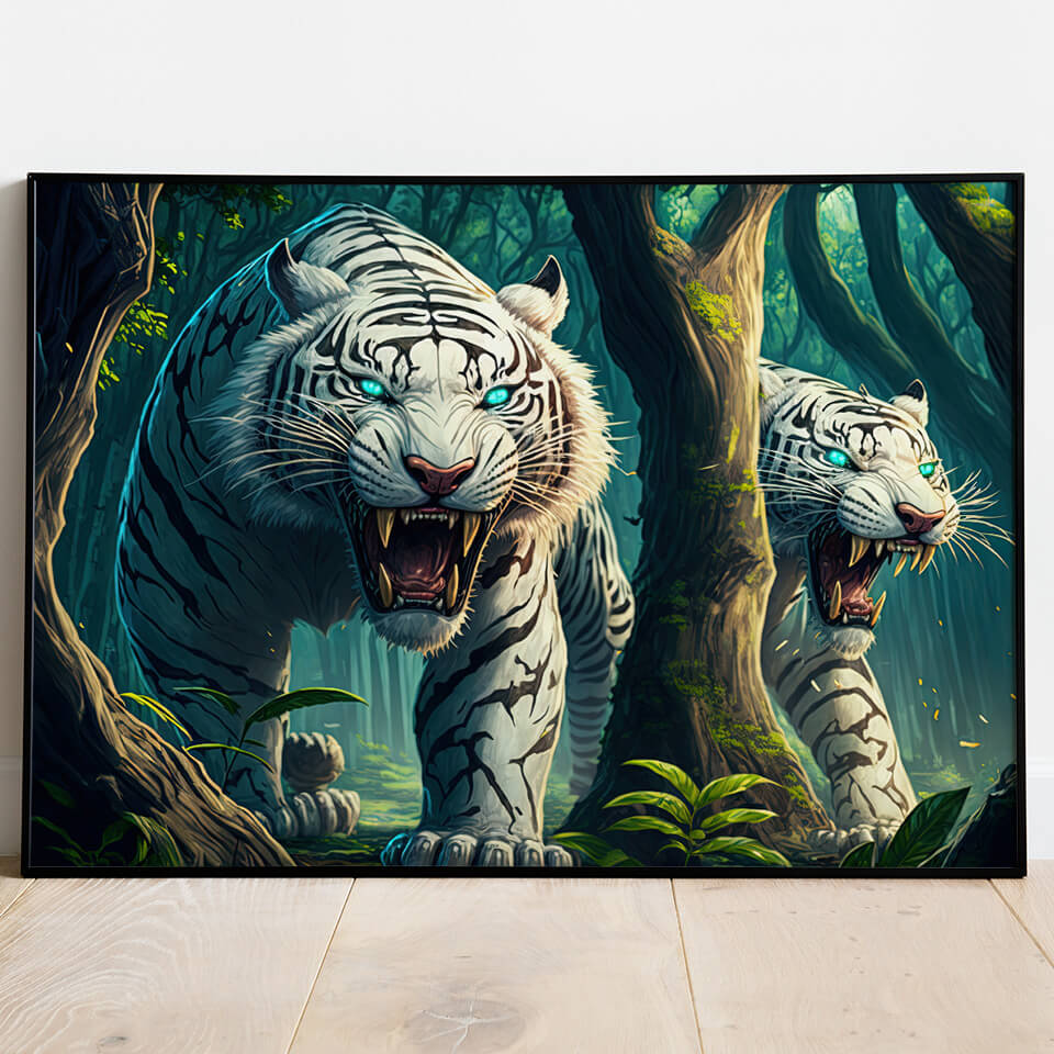 Quadro Decorativo Tigre Preto e Branco Olhos Azuis