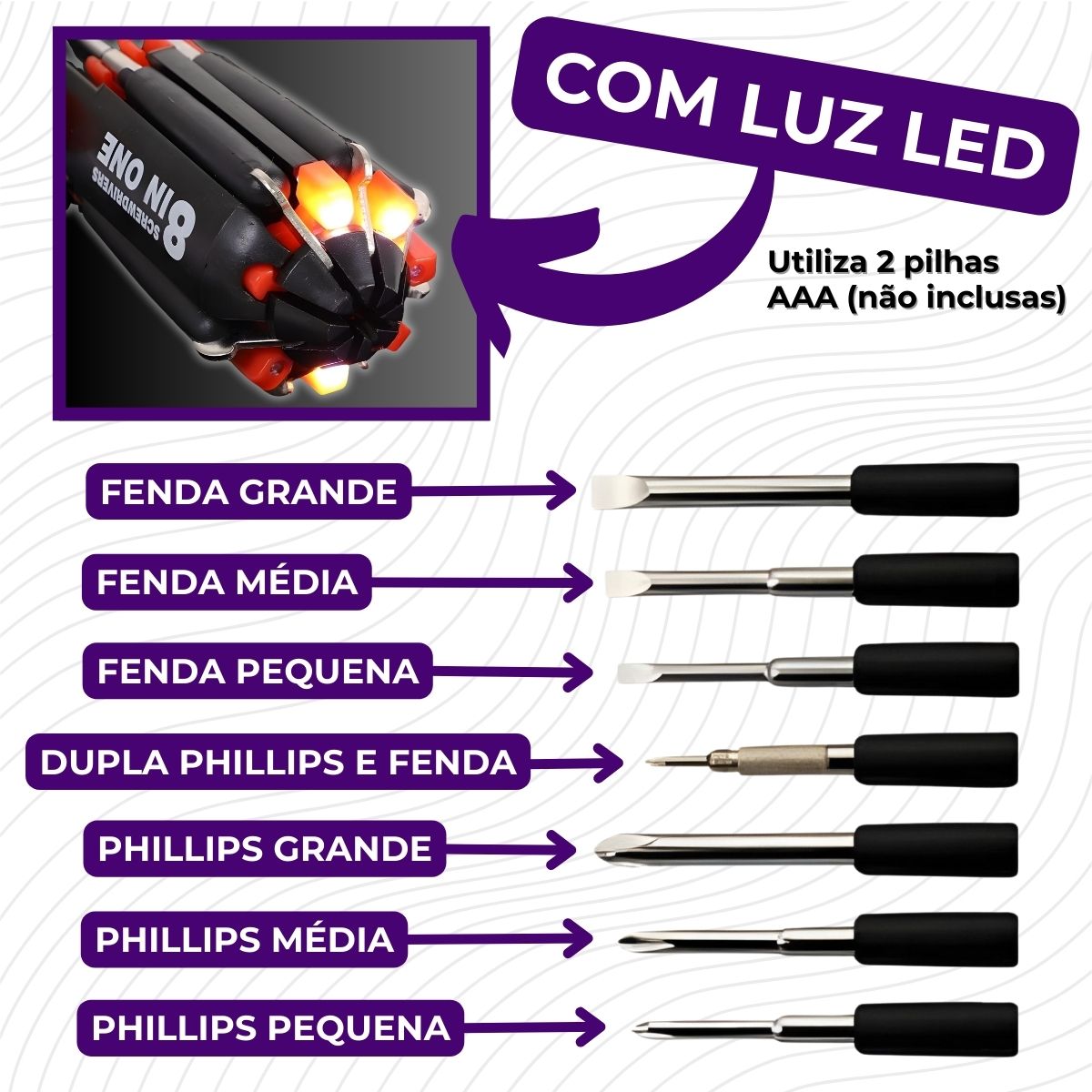 Kit Jogo Chaves de Fenda e Phillips 8 em 1 Com Led Ferramentas