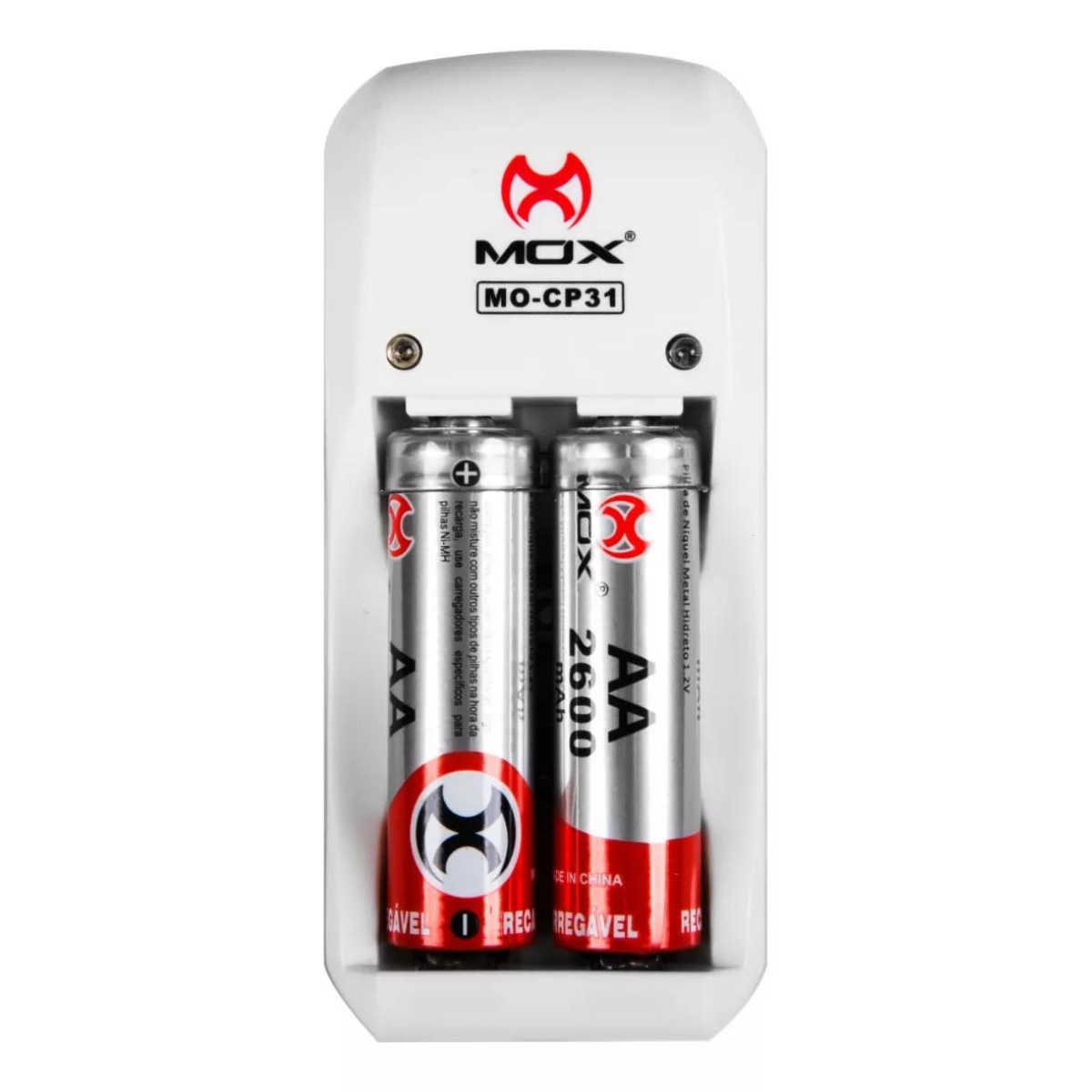 Kit 2 pilhas AA 2600 mah + Carregador Auto Stop Mox - atacadãodaspilhas