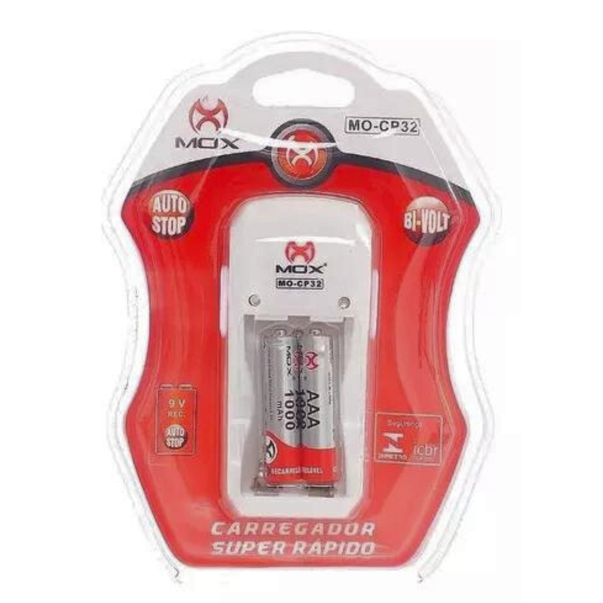 Kit 2 pilhas AAA 1000 mah + Carregador Auto Stop Mox - atacadãodaspilhas