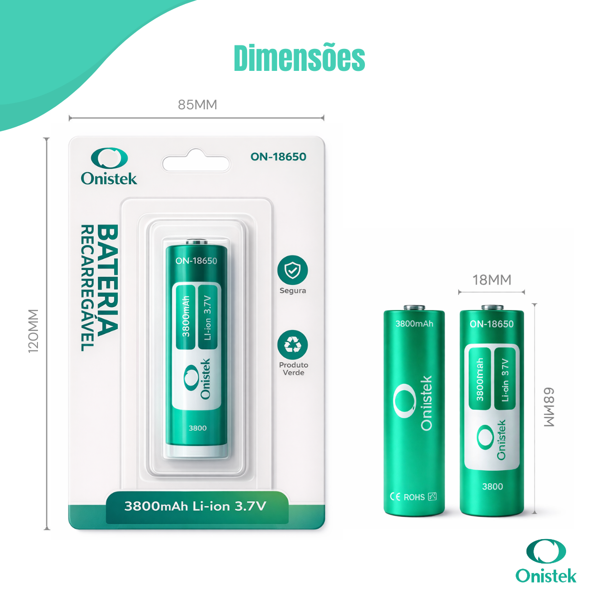 Bateria Recarregável 18650 Onistek – 3,7V / 3.800 mAh Tipo Li-ion