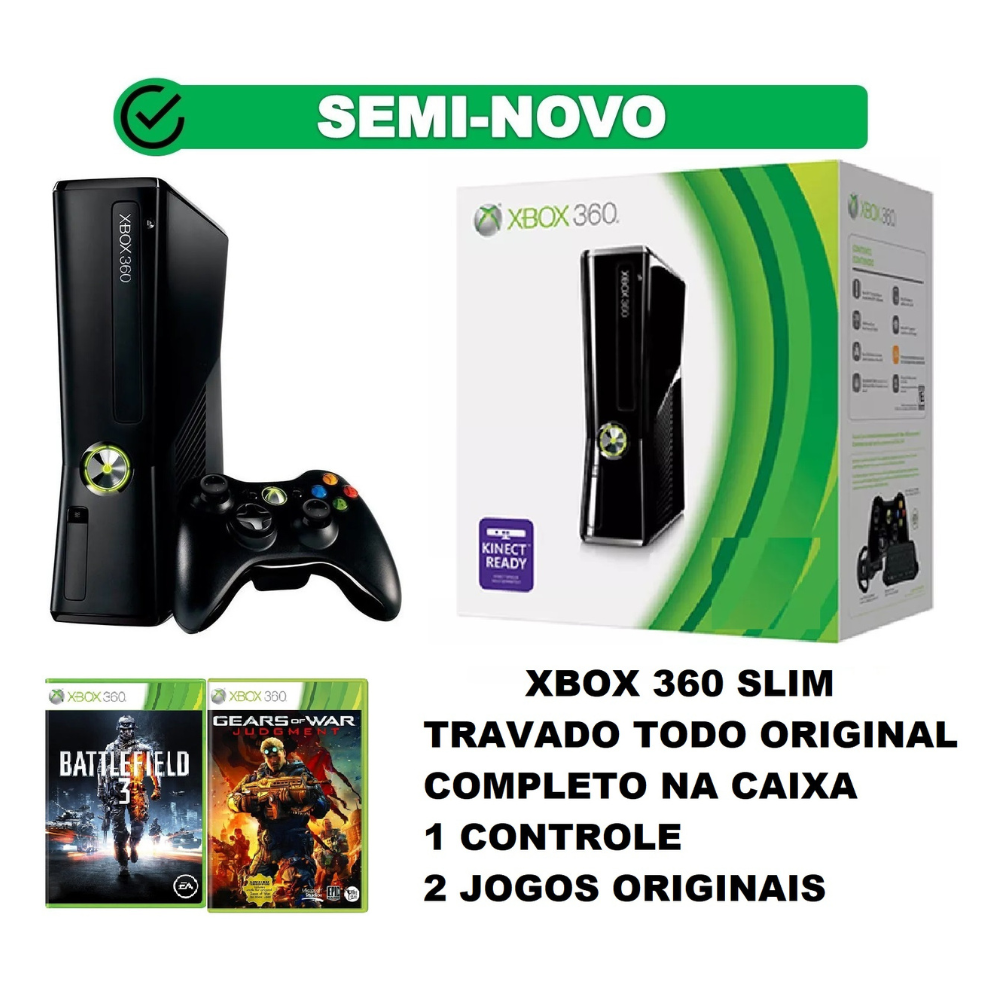 Xbox 360 Bloqueado (Usado) em ótimo estado + 1 controle original e 1  paralelo + 10 jogos originais + Kinect + duas baterias e carregadores.