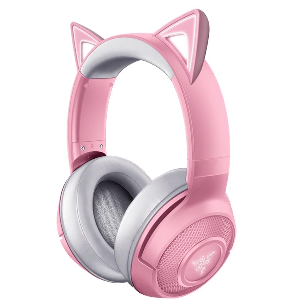 Fone Bluetooth de Gatinho Rosa Claro com Iluminação LED